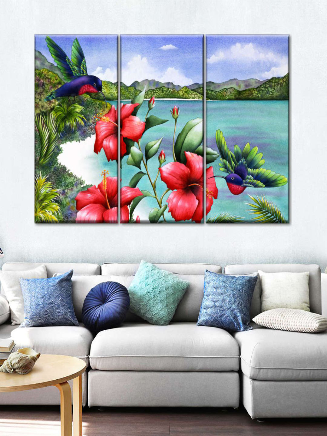 POSTERS AND TRUSS 3-Pcs Pink & Blue Hibiscus Hummers Printed Framed Wall Art