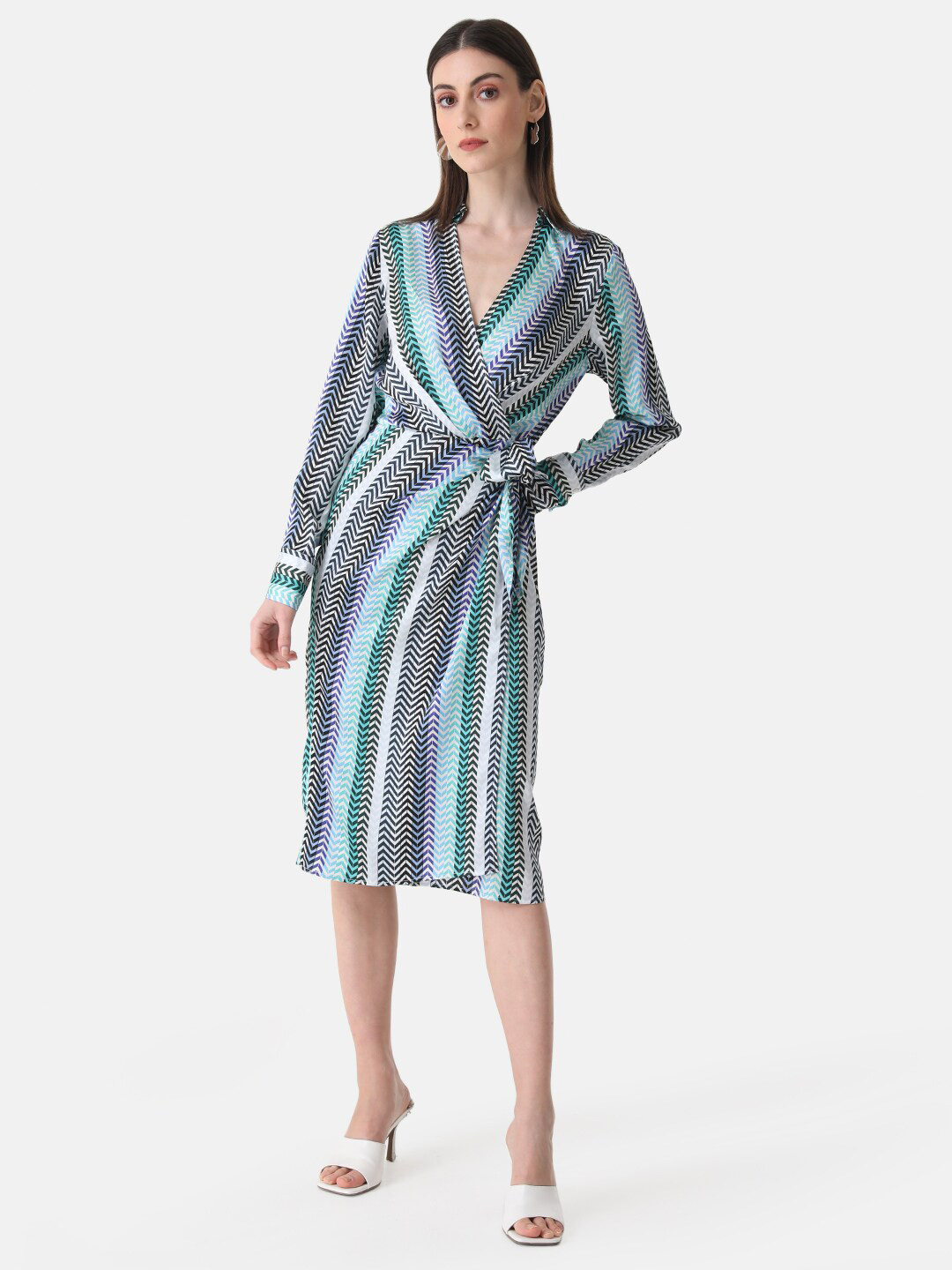 Kazo Striped Shirt Collar Satin Wrap Dress