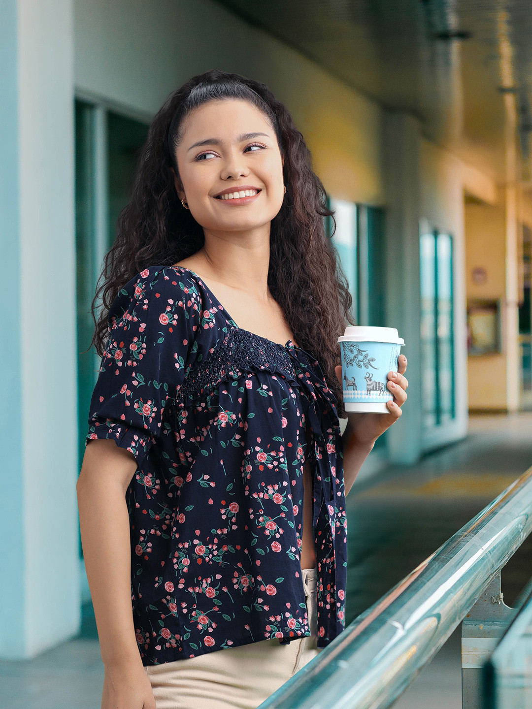FOREVER 21 Floral Print Bell Sleeve Pure Cotton Top With Tie Up Detail