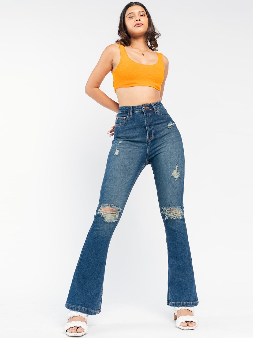 FREAKINS Women Bootcut High Rise Slash Knee Light Fade Pure Cotton Jeans - Jeans for Women 22340446 | Myntra