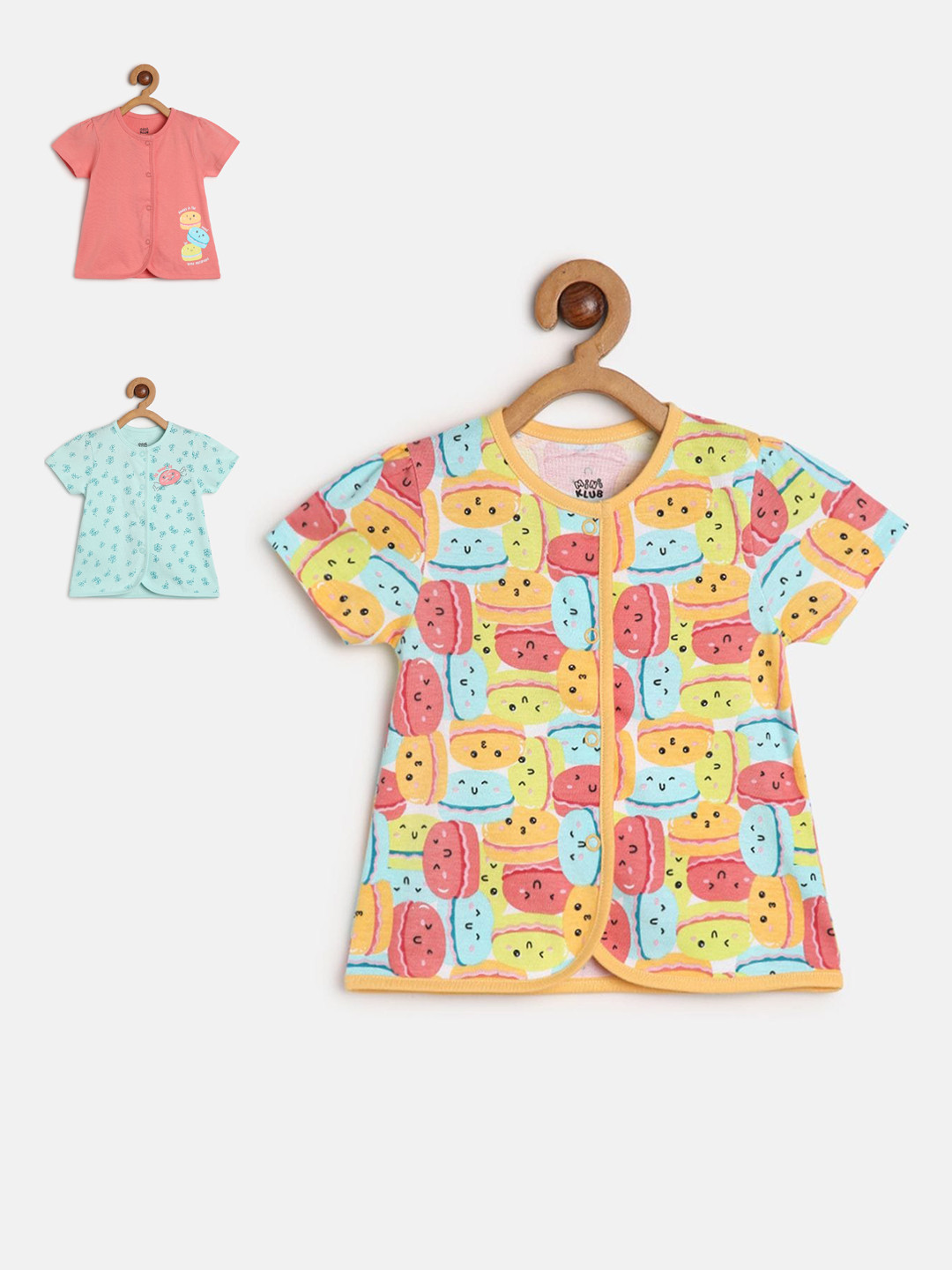 MINI KLUB Infant Girls Pack Of 3 Printed Pure Cotton Open-Front Basic Vests