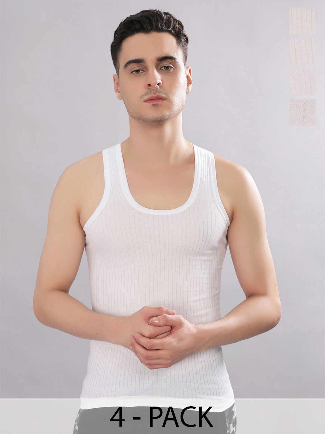 Dollar Bigboss Men Solid Pack of 4 White Cotton Magic Rib Regular Fit Casual Vest