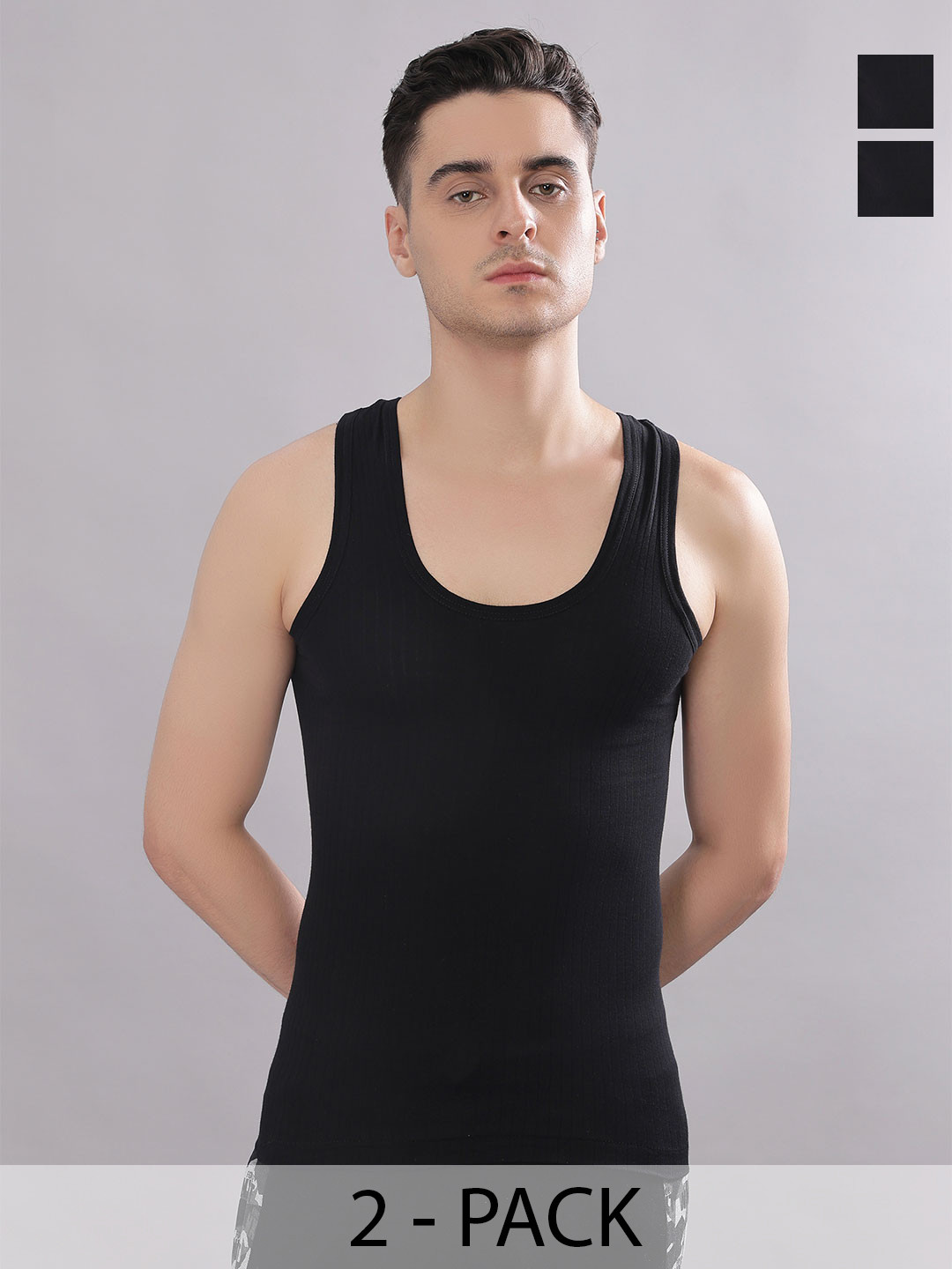 Dollar Bigboss Men Solid Pack of 2 Black Cotton Magic Rib Regular Fit Casual Vest