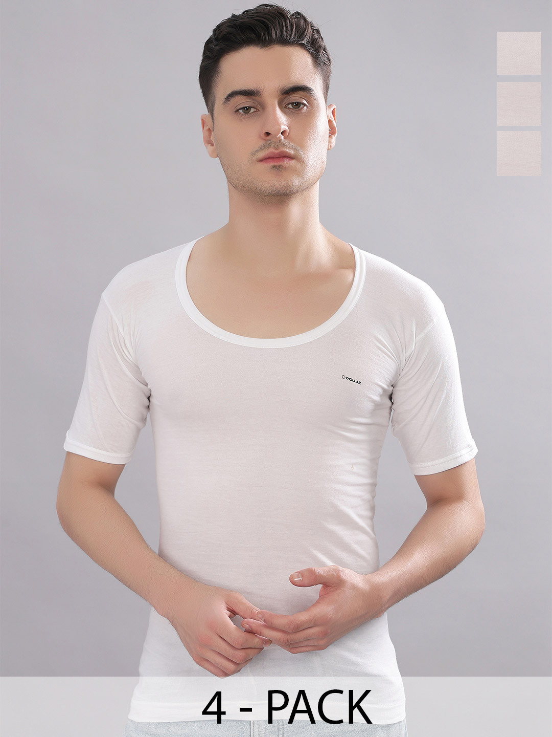 Dollar Bigboss Men Solid Pack of 4 White Combed Cotton Shrinkless Round Neck Casual Vest
