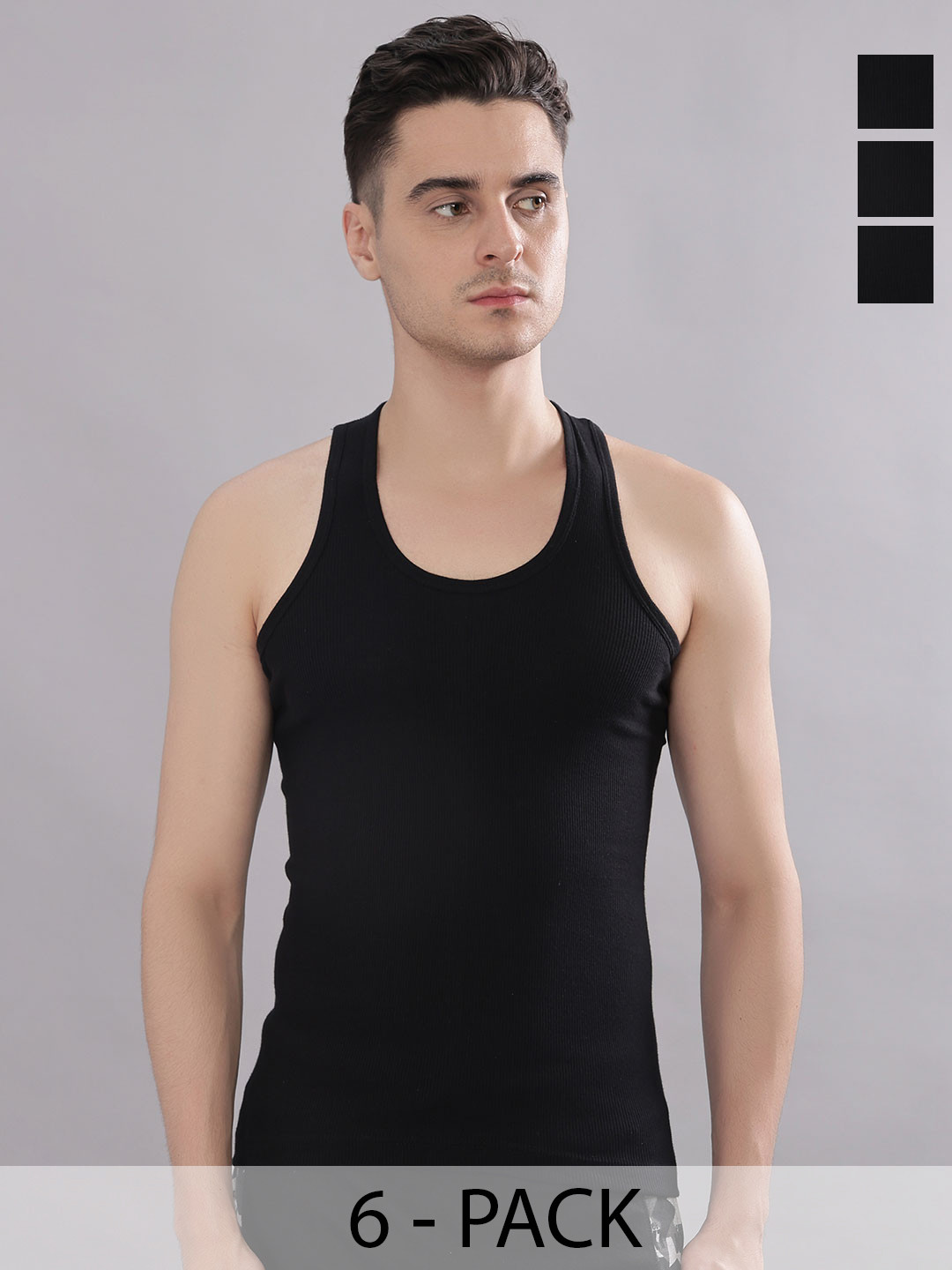 Dollar Bigboss Men Solid Pack of 6 Black Cotton Stretch Rib Regular Fit Casual Vest