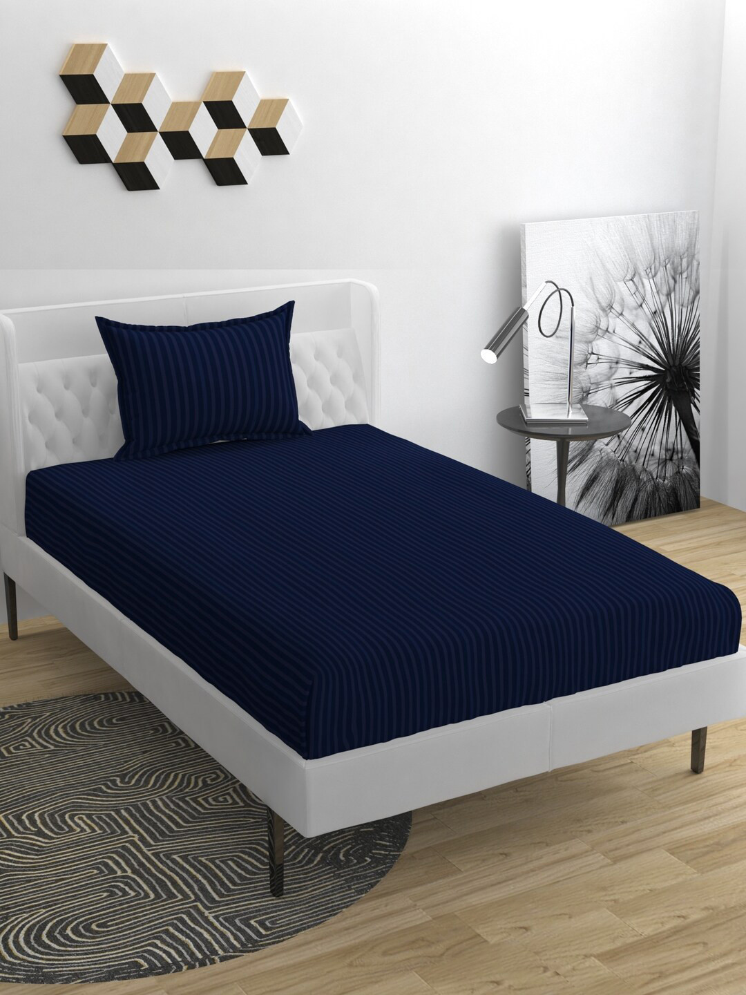 BELVOSTUM Navy Blue Striped Microfiber 220 TC Single Fine Bedsheet with a Pillow Cover-90 x 60 inches
