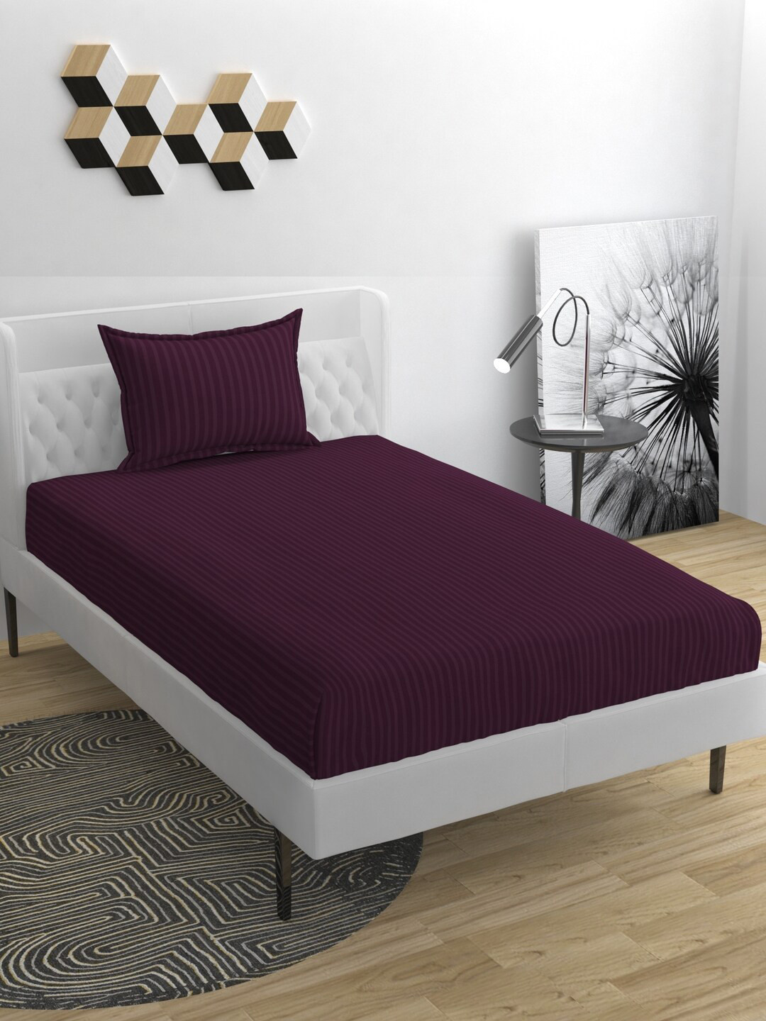 BELVOSTUM Burgundy Striped Microfiber 220 TC Single Fine Bedsheet with a Pillow Cover-228 x 152 cm