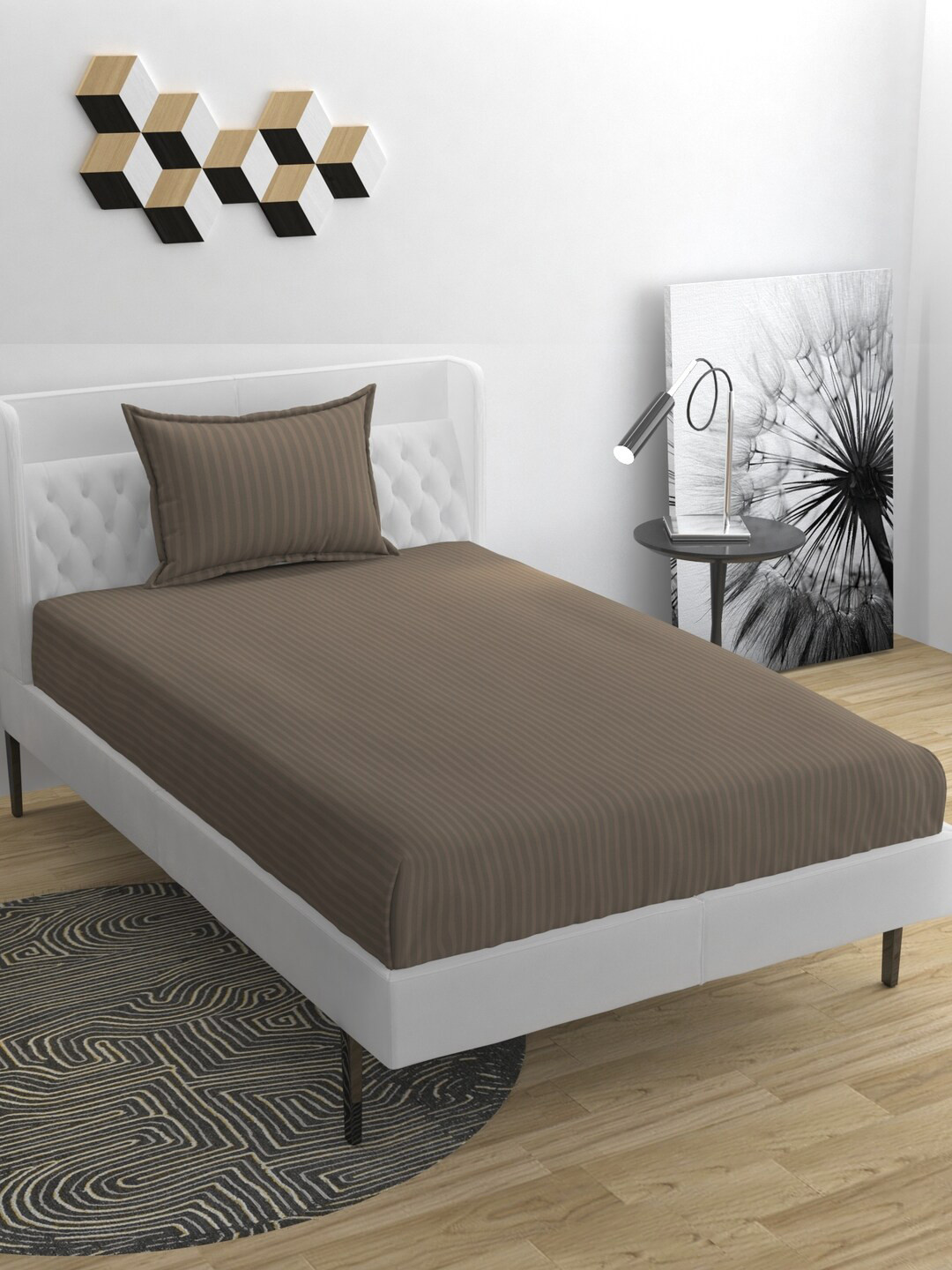 BELVOSTUM Beige Striped Polycotton Single Bedsheet With Pillow Cover 90 x 60 Inches
