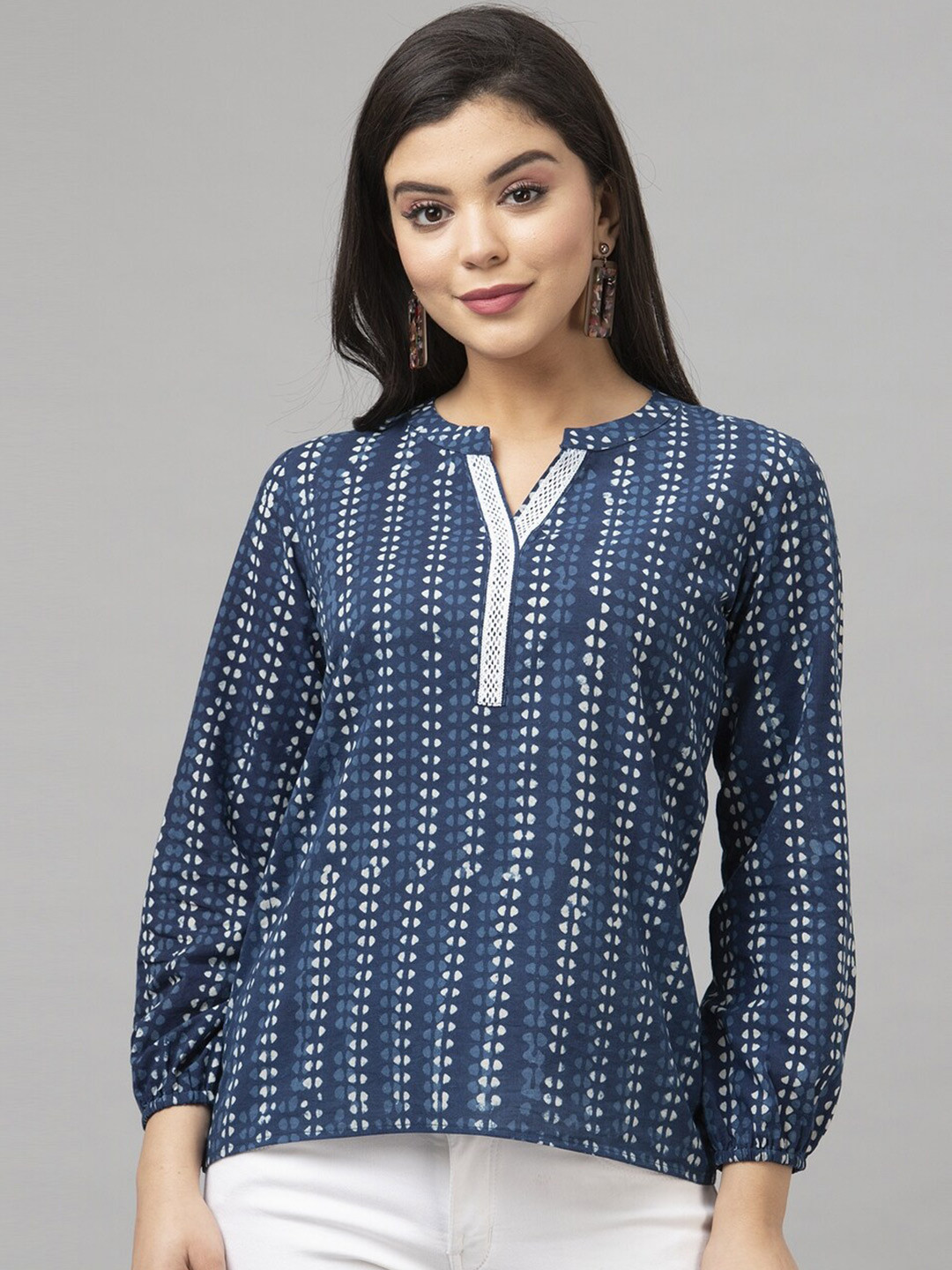 Selvia Indigo Geometric Printed Bishop Sleeves Notched Neck Cotton Top