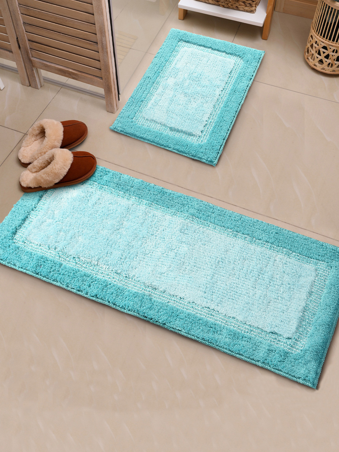 Saral Home Elyesse 2-Pcs Sea Green Rectangular Anti-Skid Runner & Bathmat
