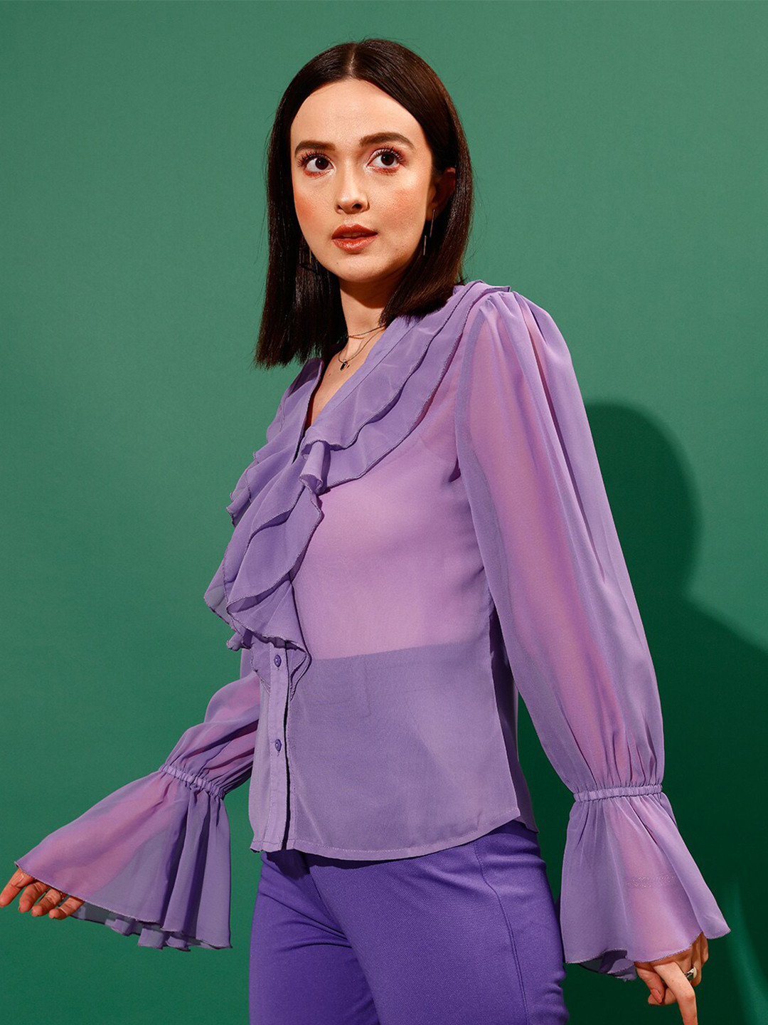 STREET 9 V-Neck Shirt Style Sheer Ruffled Top