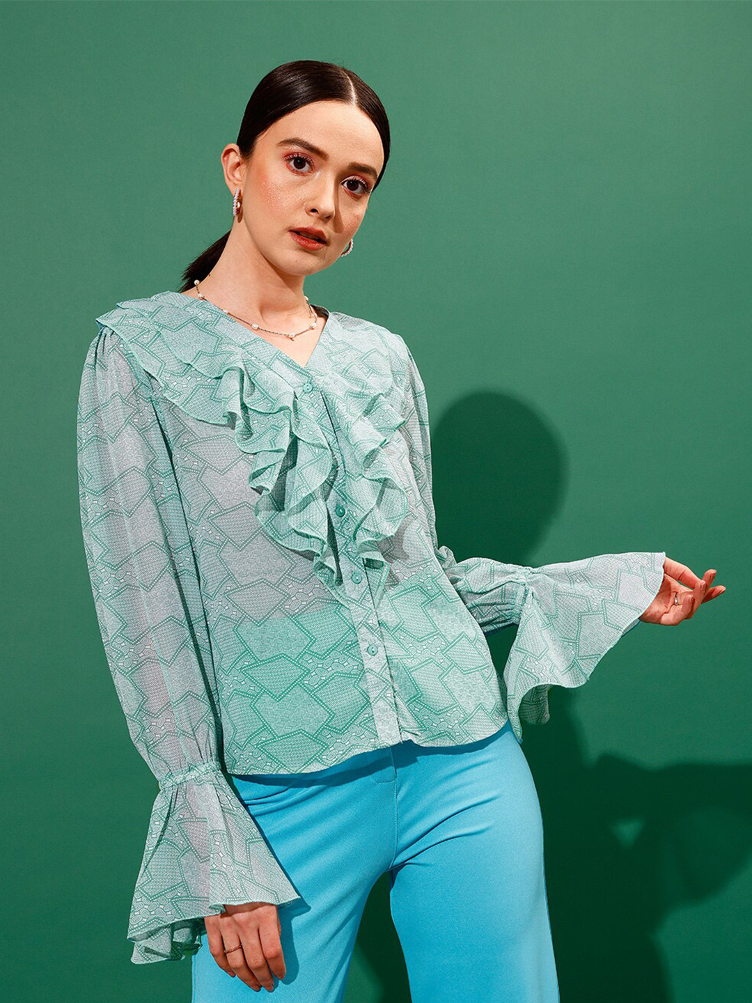 STREET 9 Ethnic Motifs Printed V Neck Ruffles Shirt Style Top