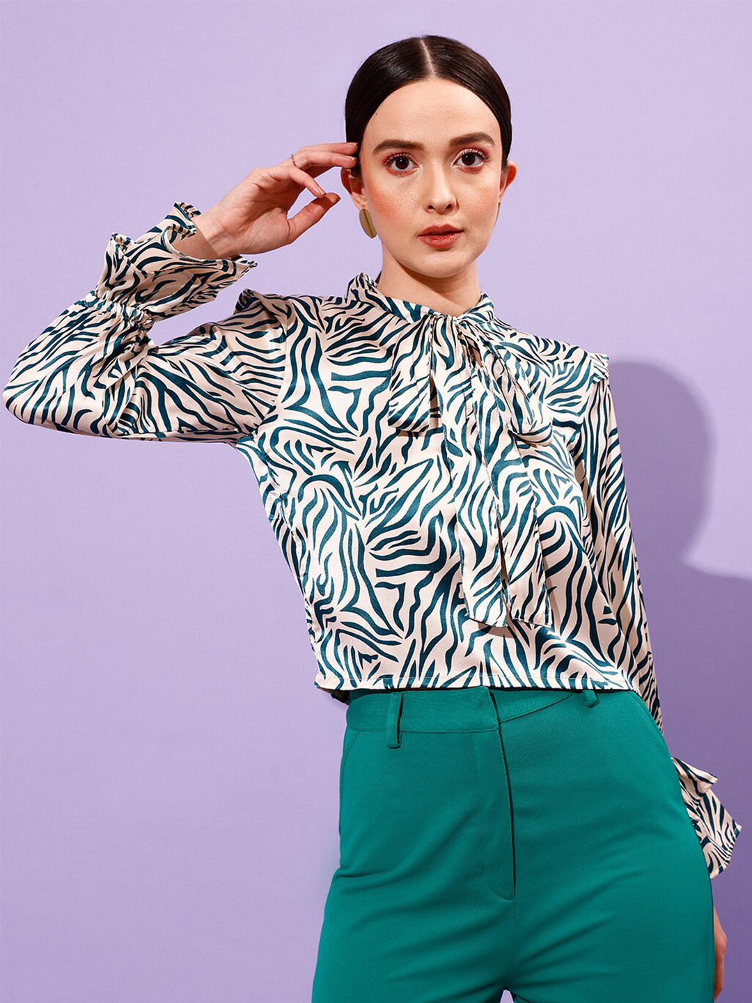 STREET 9 Animal Printed Tie-Up Neck Bell Sleeves Satin Top