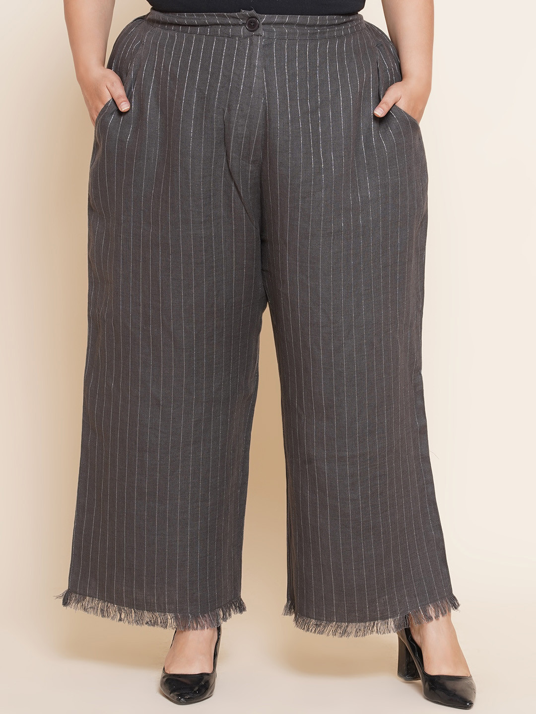 Kiaahvi by JOHN PRIDE Women Plus Size Striped Loose Fit Parallel Trousers