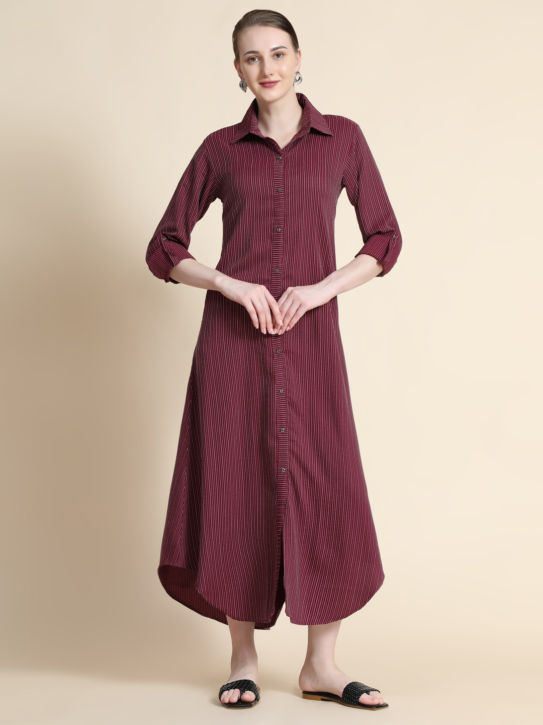 Rudraaksha Creations Striped Roll-Up Sleeves Shirt Midi Dress