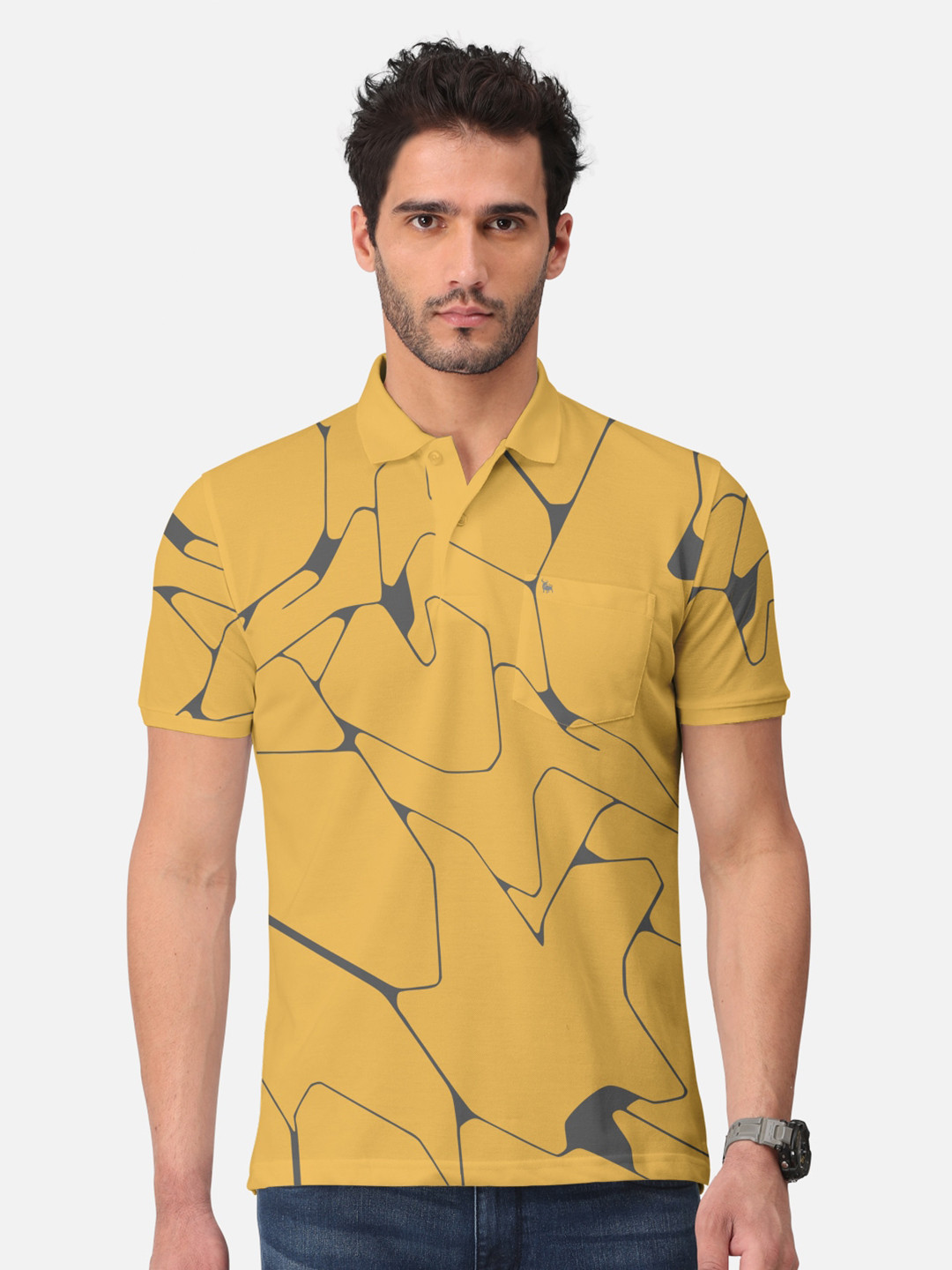 BULLMER Abstract Printed Polo Collar Short Sleeves Cotton T-shirt
