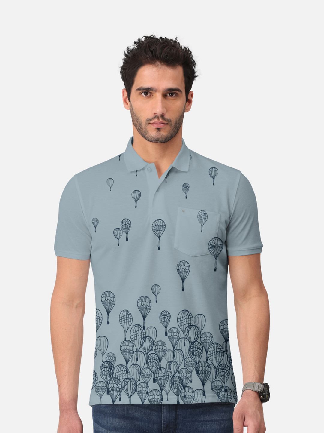 BULLMER Conversational Printed Polo Collar Short Sleeves Cotton T-shirt