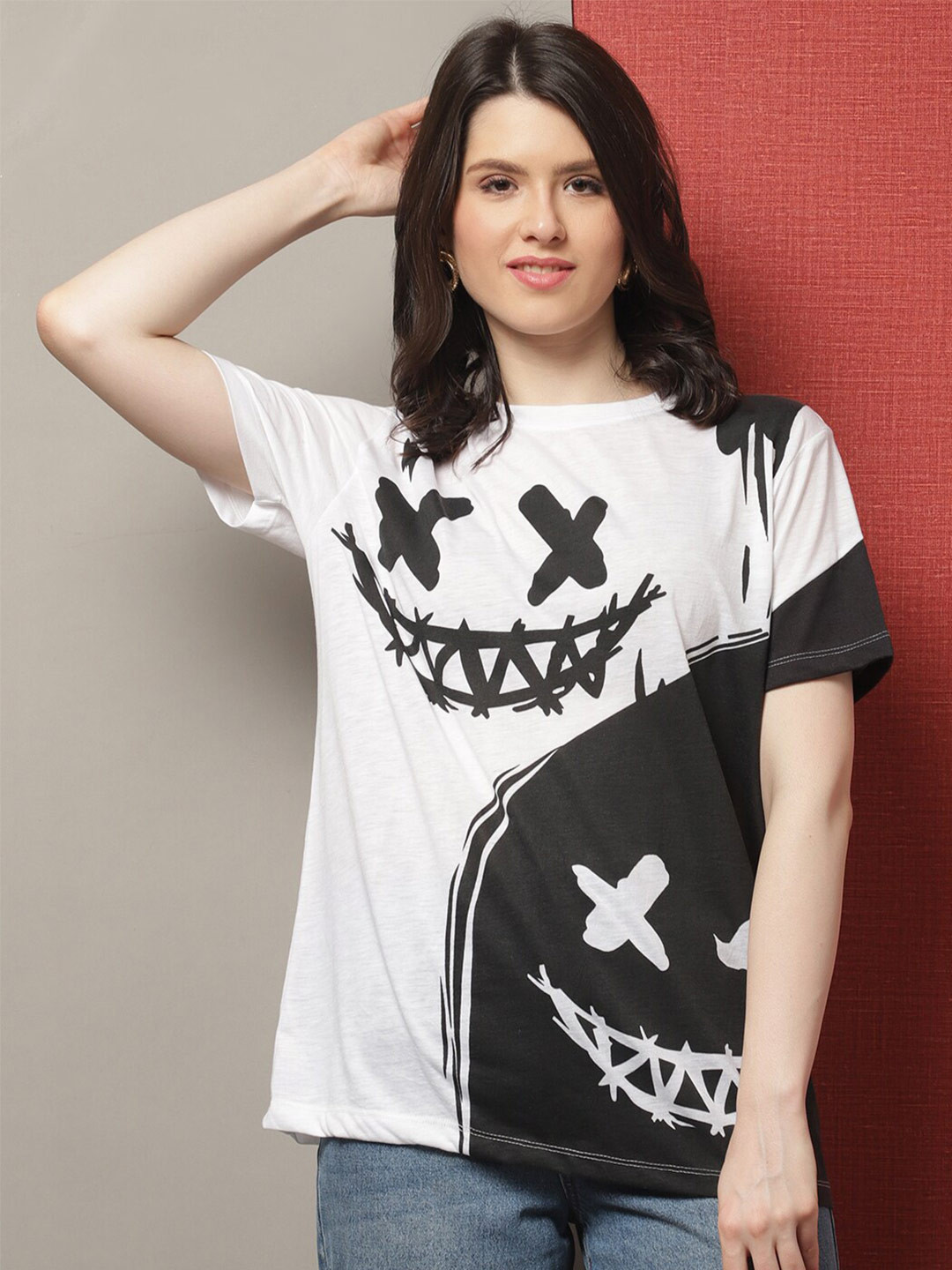 DOOR74 Graphic Printed Drop-Shoulder Sleeves Cotton T-shirt