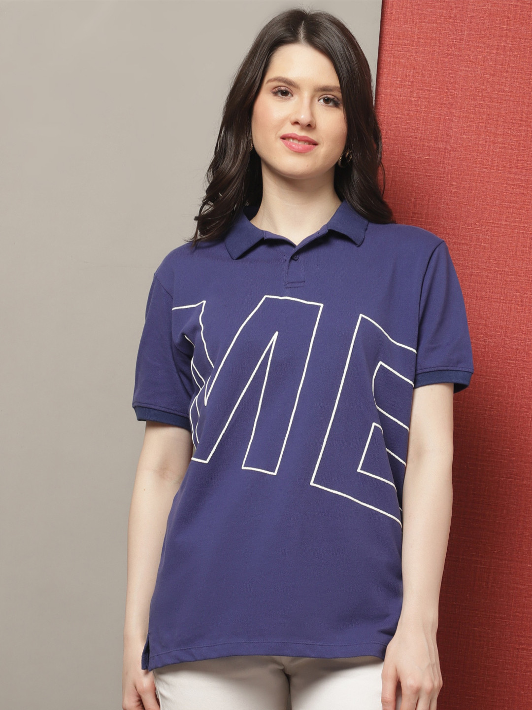 DOOR74 Typography Printed Polo Collar Cotton Relaxed Fit T-shirt