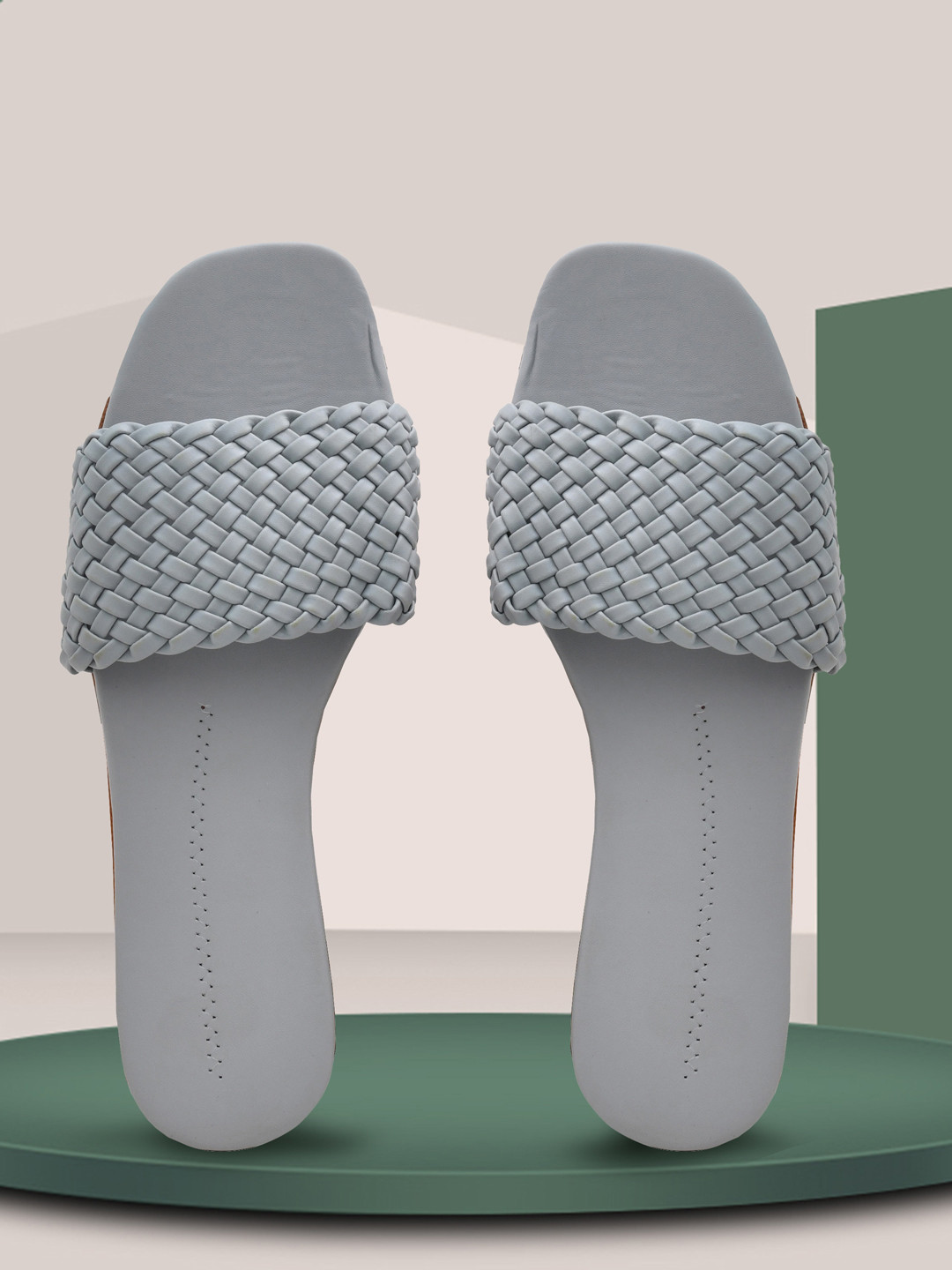 OLIVE MIST Woven Design Open Toe Flats