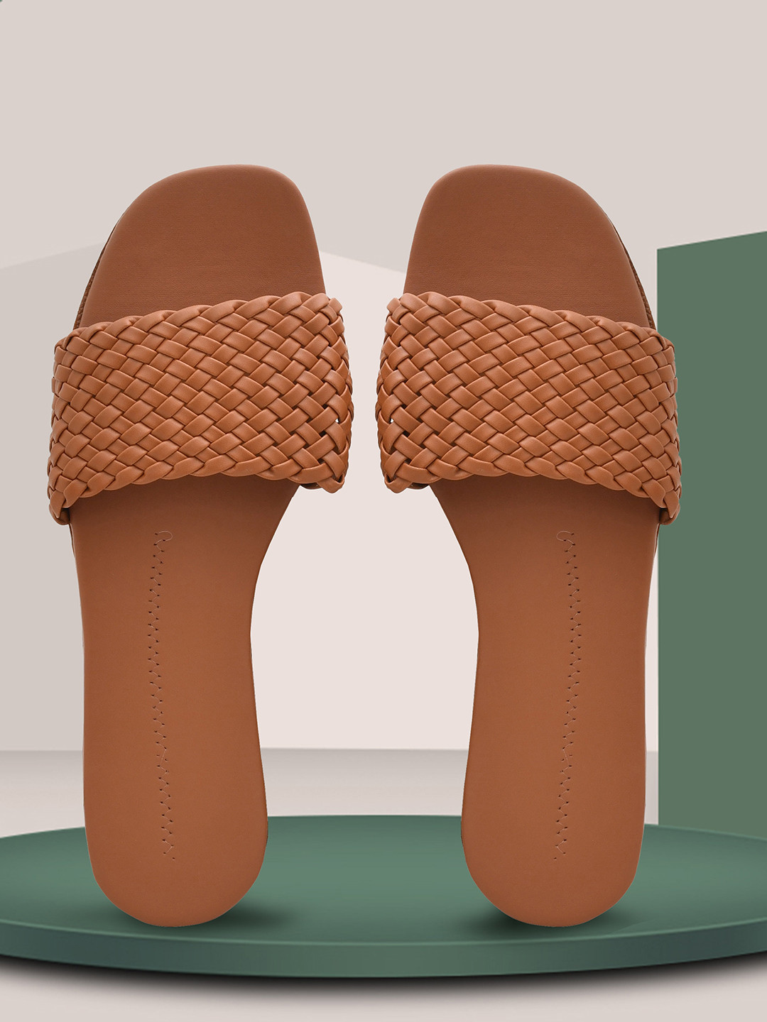 OLIVE MIST Woven Design Open Toe Flats