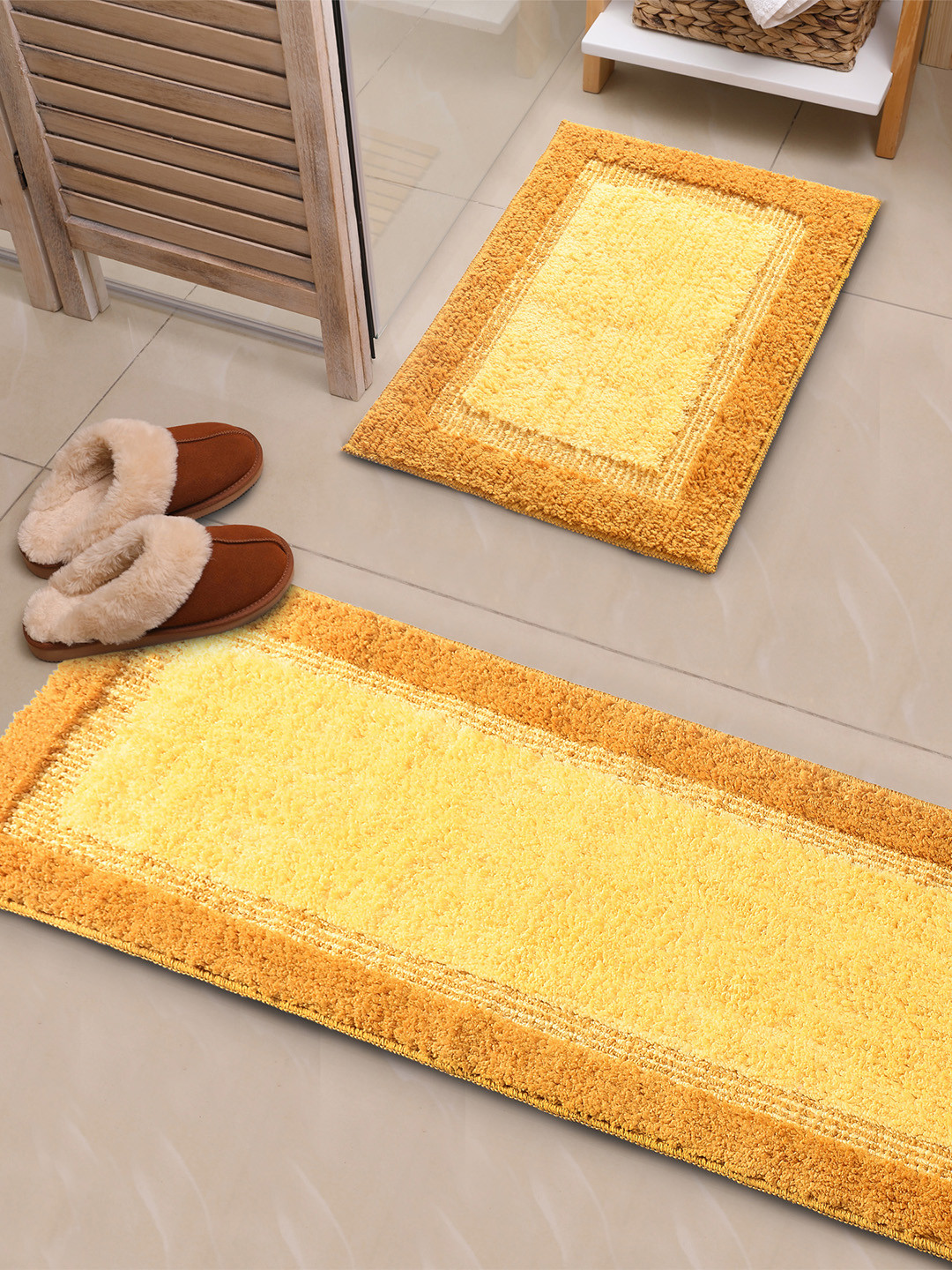 Saral Home Elyesse 2-Pcs Yellow Self-Design Antiskid Runner & bathmat