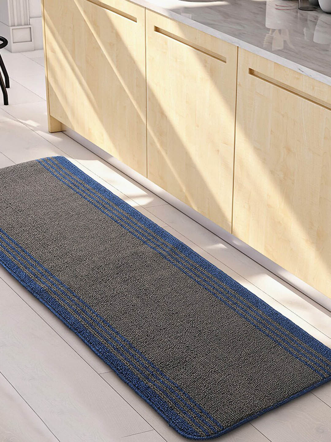 Saral Home Power Runner Grey & Blue Striped Antiskid Runner