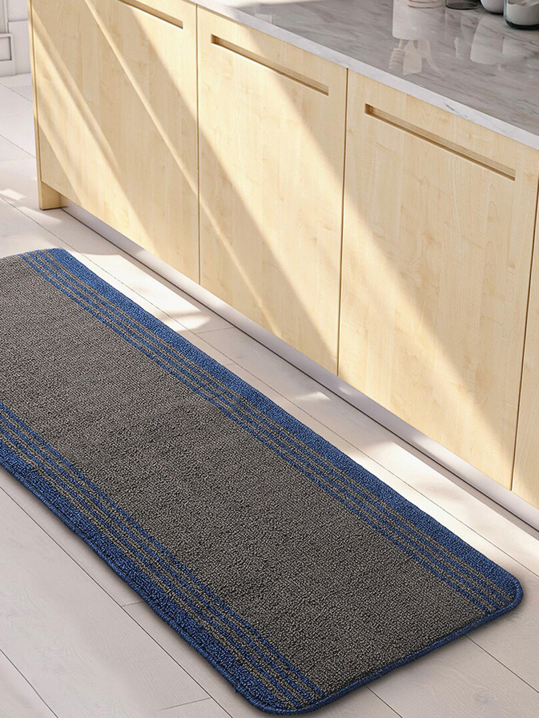 Saral Home Power Runner Grey & Blue Striped Antiskid Runner