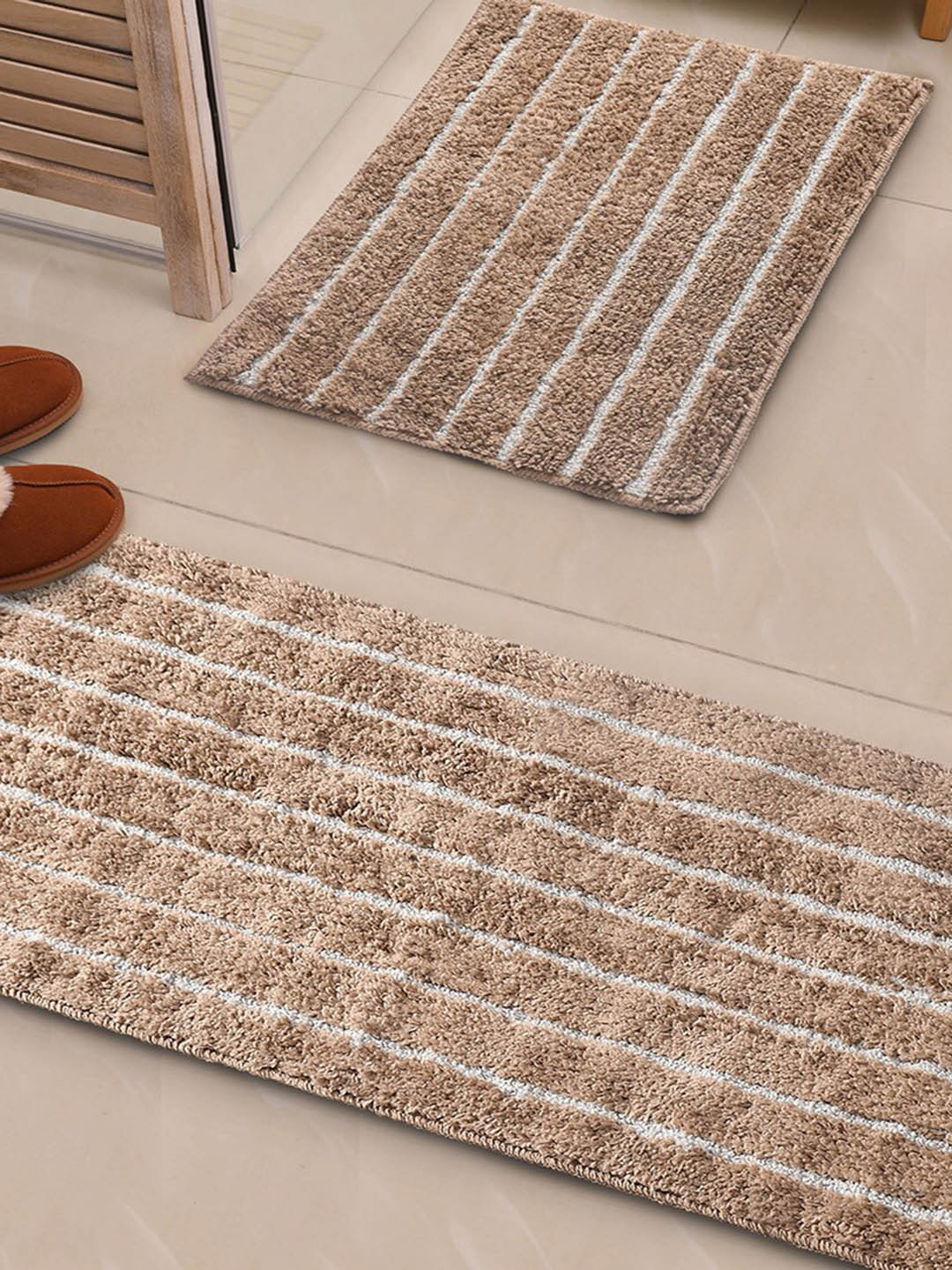Saral Home Champs 2-Pcs Beige & White Striped Antiskid Runner & Bathmat