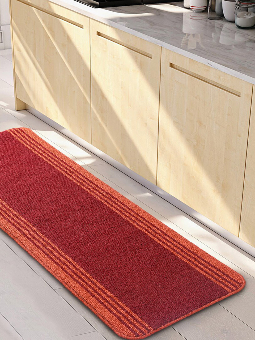 Saral Home Power Runner Maroon & Orange-Colored Striped Antiskid Runner