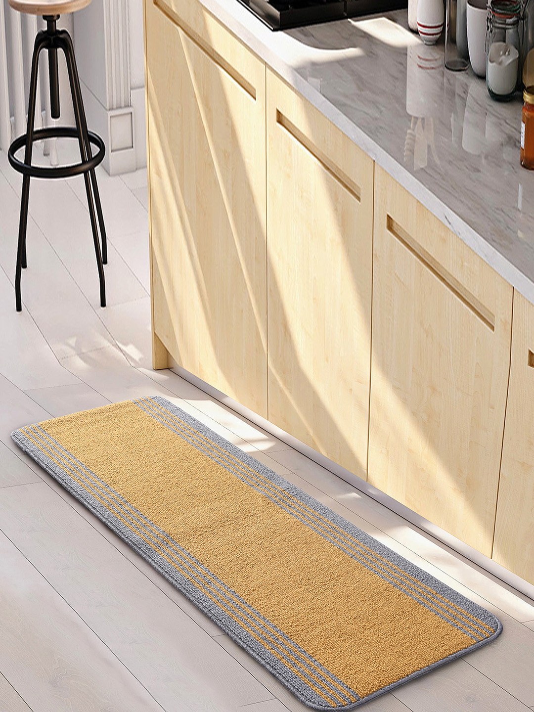 Saral Home POWER Golden & Grey Striped Rectangular Anti-Skid Bedside Runner