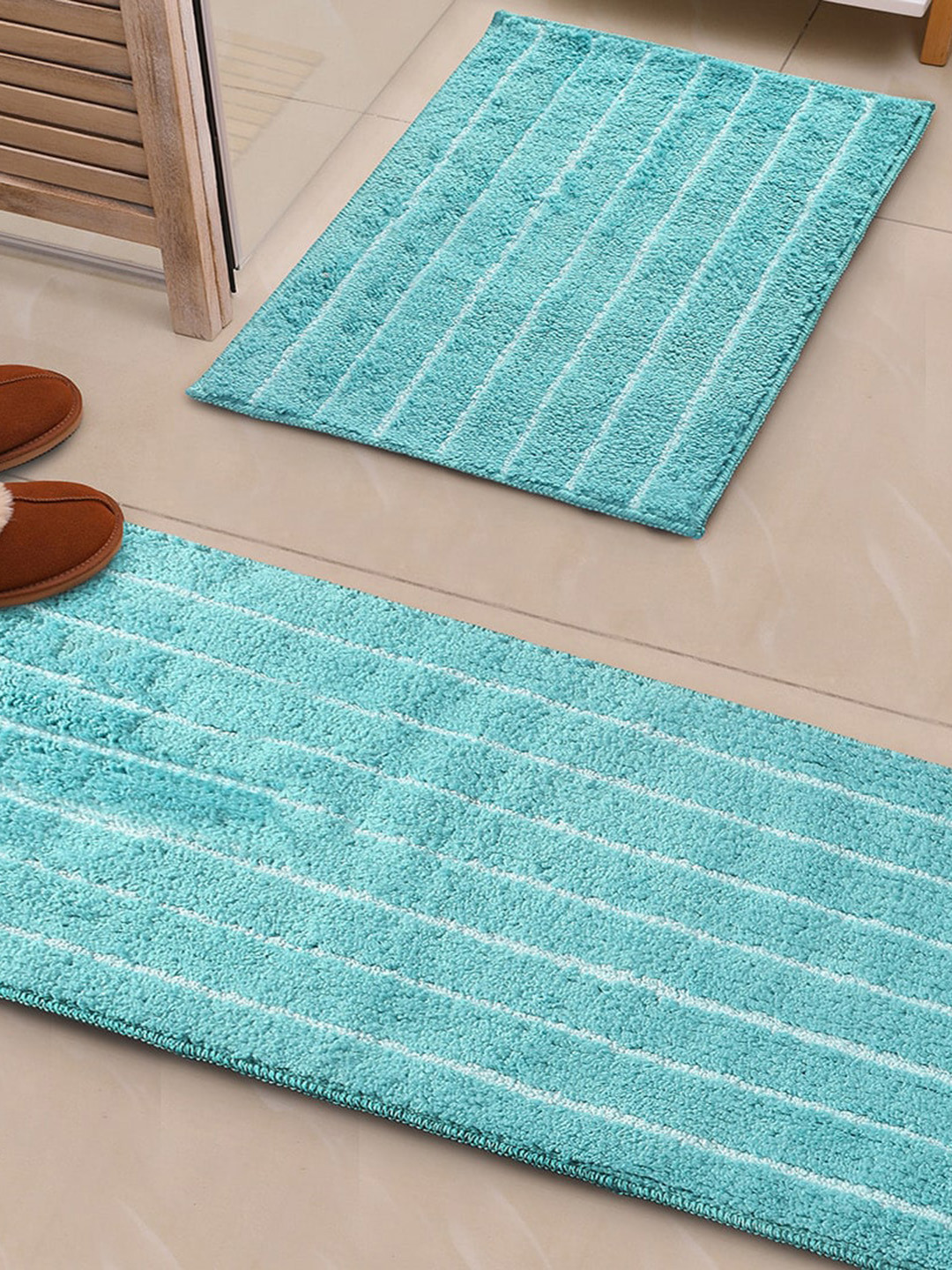 Saral Home CHAMPS 2-Pcs Sea Green & White Striped Rectangular Anti-Skid Runner & Bathmat