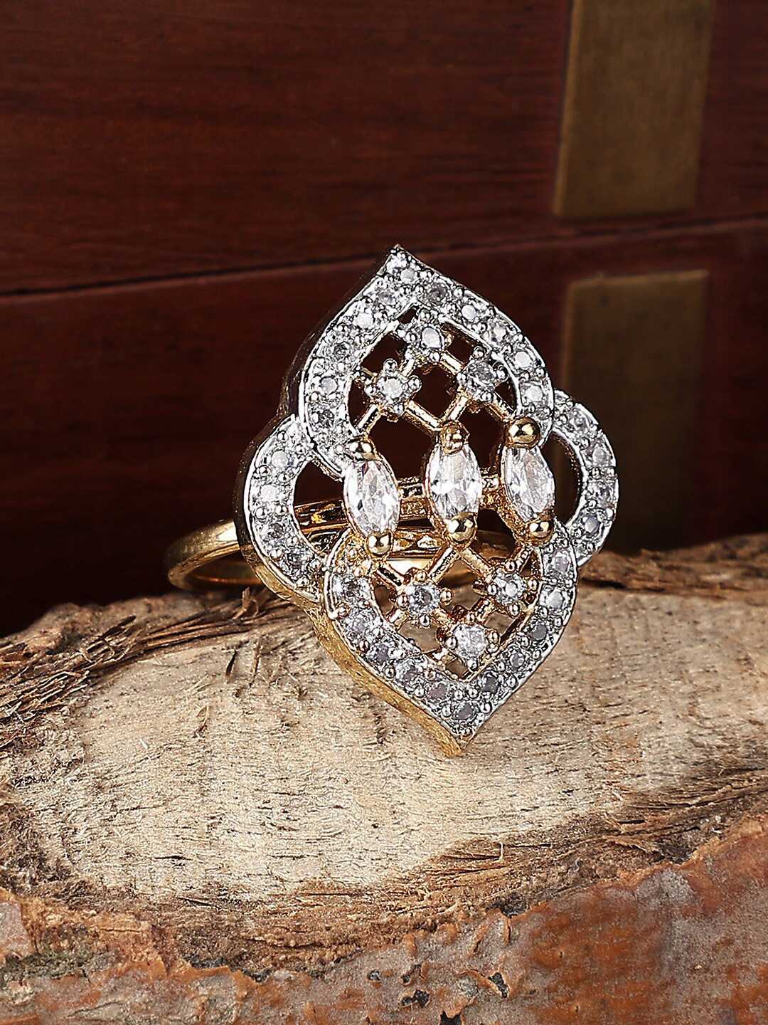 Bhana Fashion Gold-Plated AD-Studded Adjustable Cocktail Finger Ring