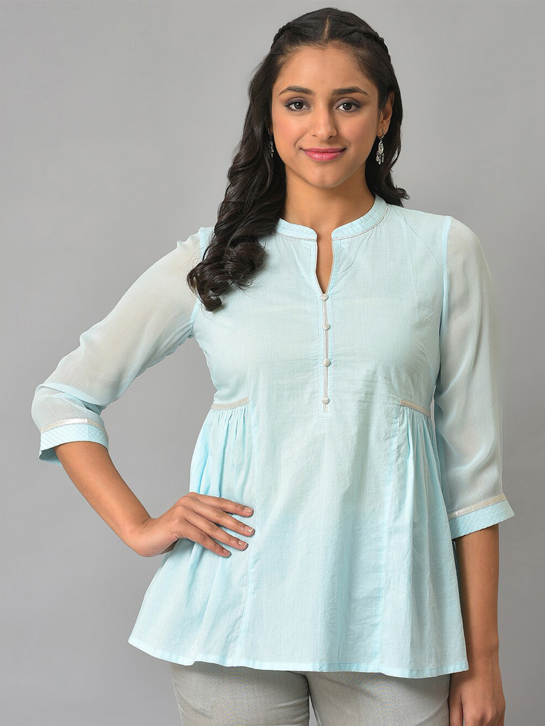 AURELIA Mandarin Collar Pure Cotton A-Line Kurti