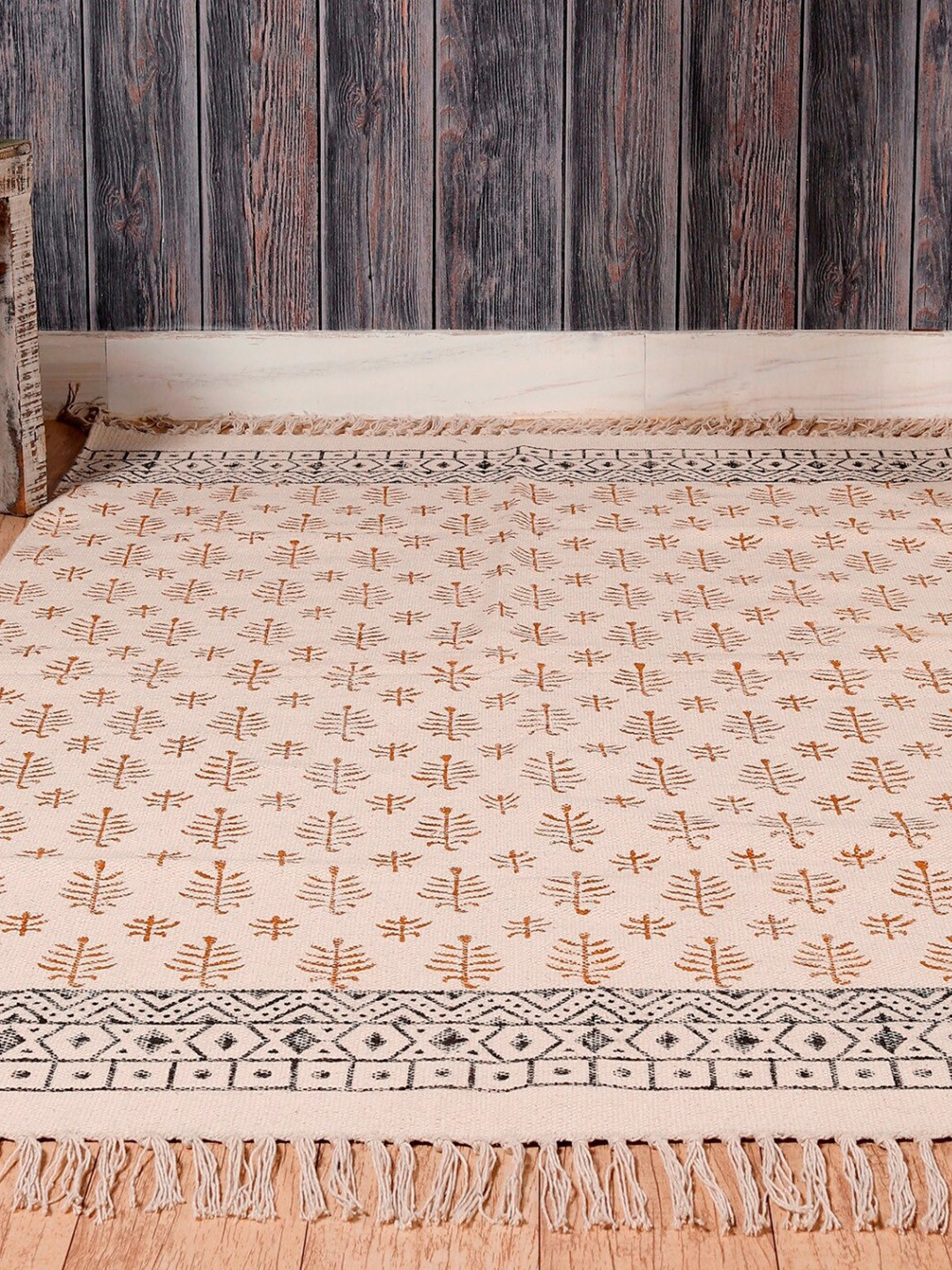 HANDICRAFT PALACE Beige & Brown Hand Block Printed Cotton Carpet
