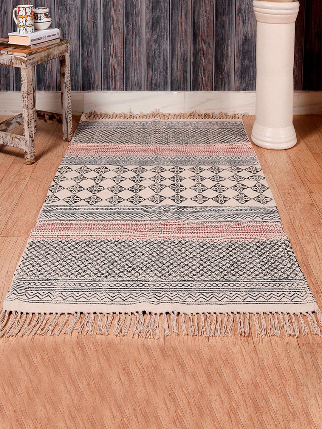 HANDICRAFT PALACE Beige & Black Hand Block Printed Cotton Carpet