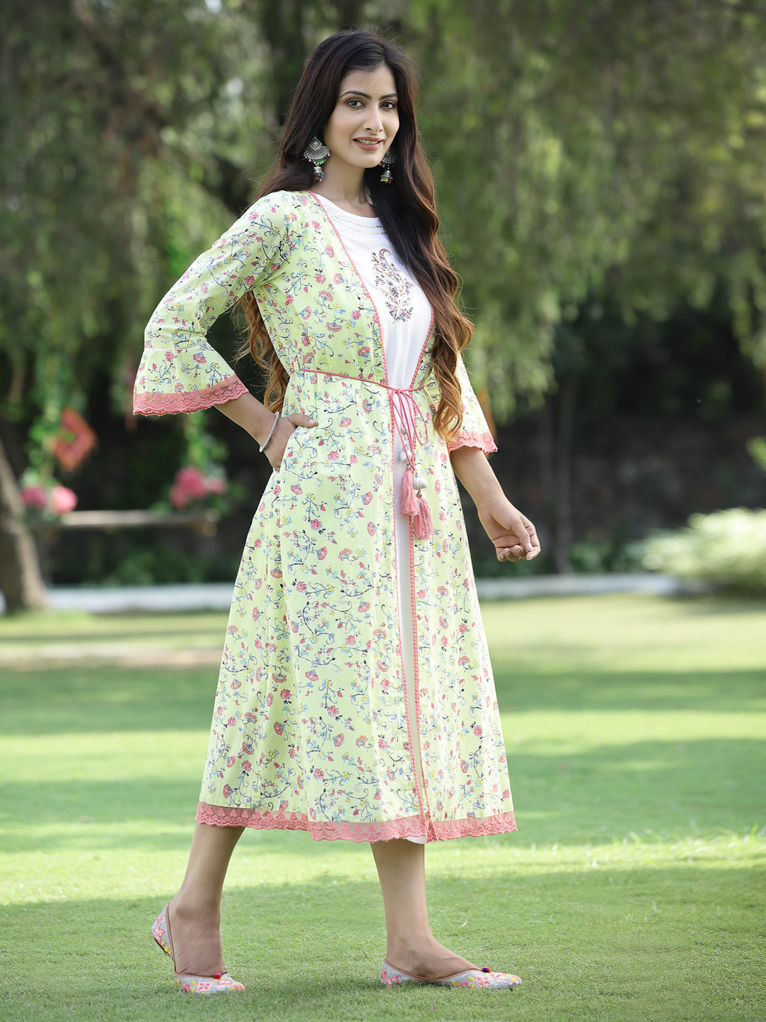 Juniper Ethnic Motifs Embroidered A-Line Midi Ethnic Dress with Jacket