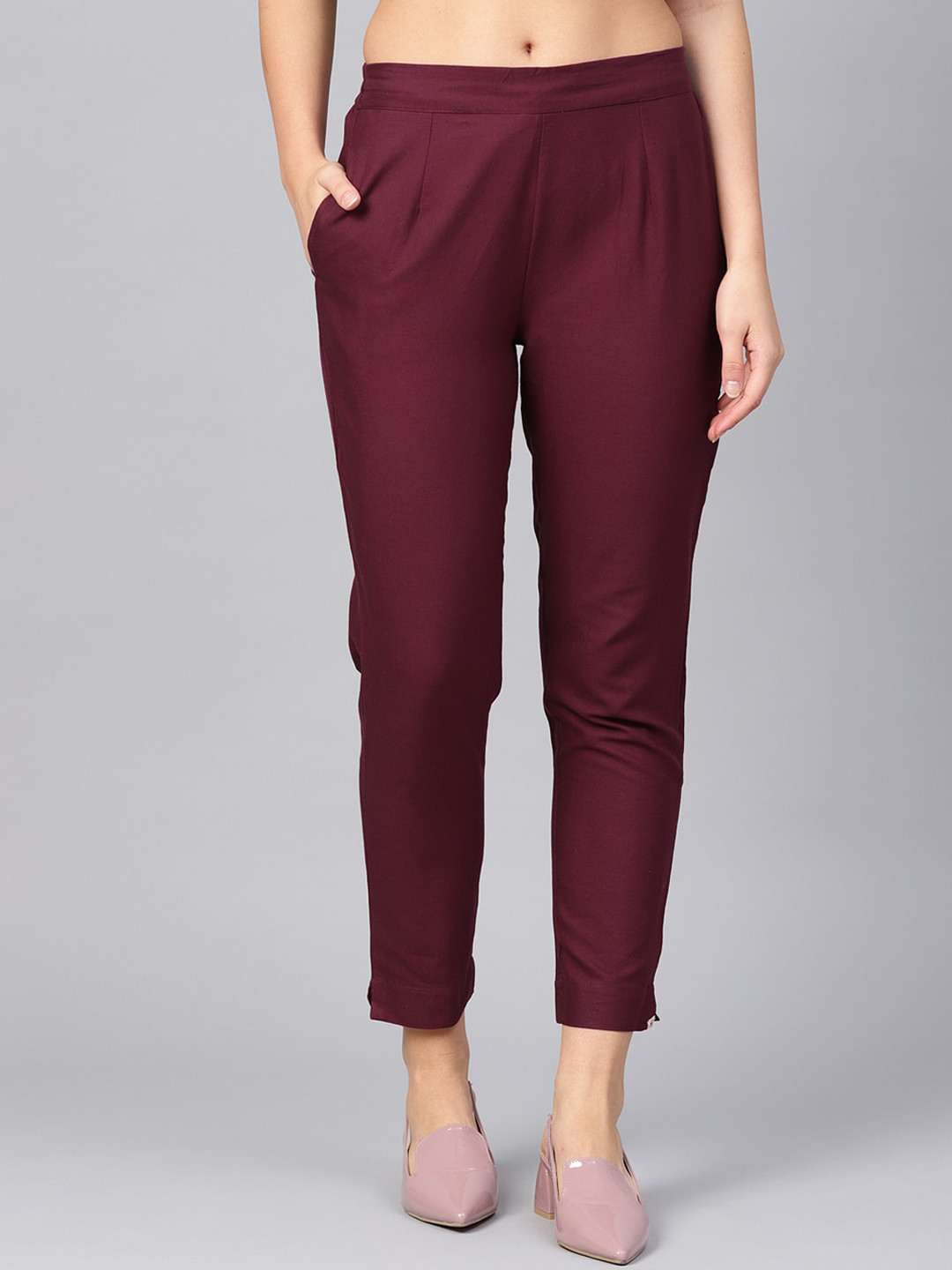 Juniper Women Cotton Tailored Slim Fit Easy Wash Mid-Rise Cigarette Trousers