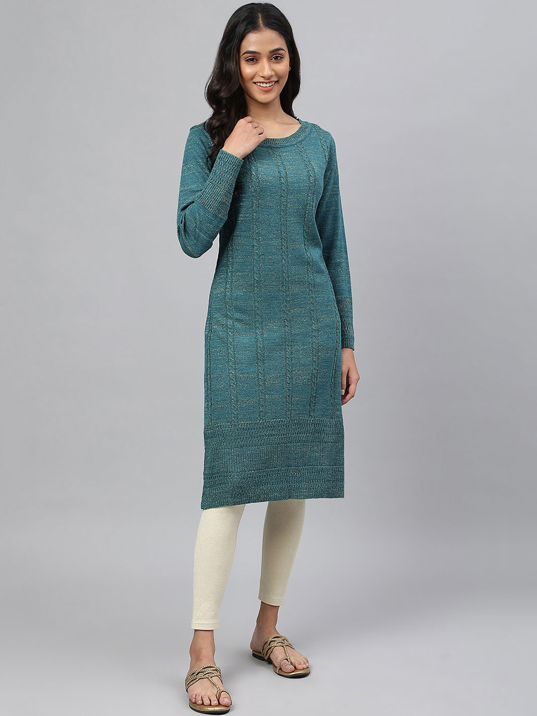 AURELIA Geometric Woven Design Long Sleeves Straight Kurta