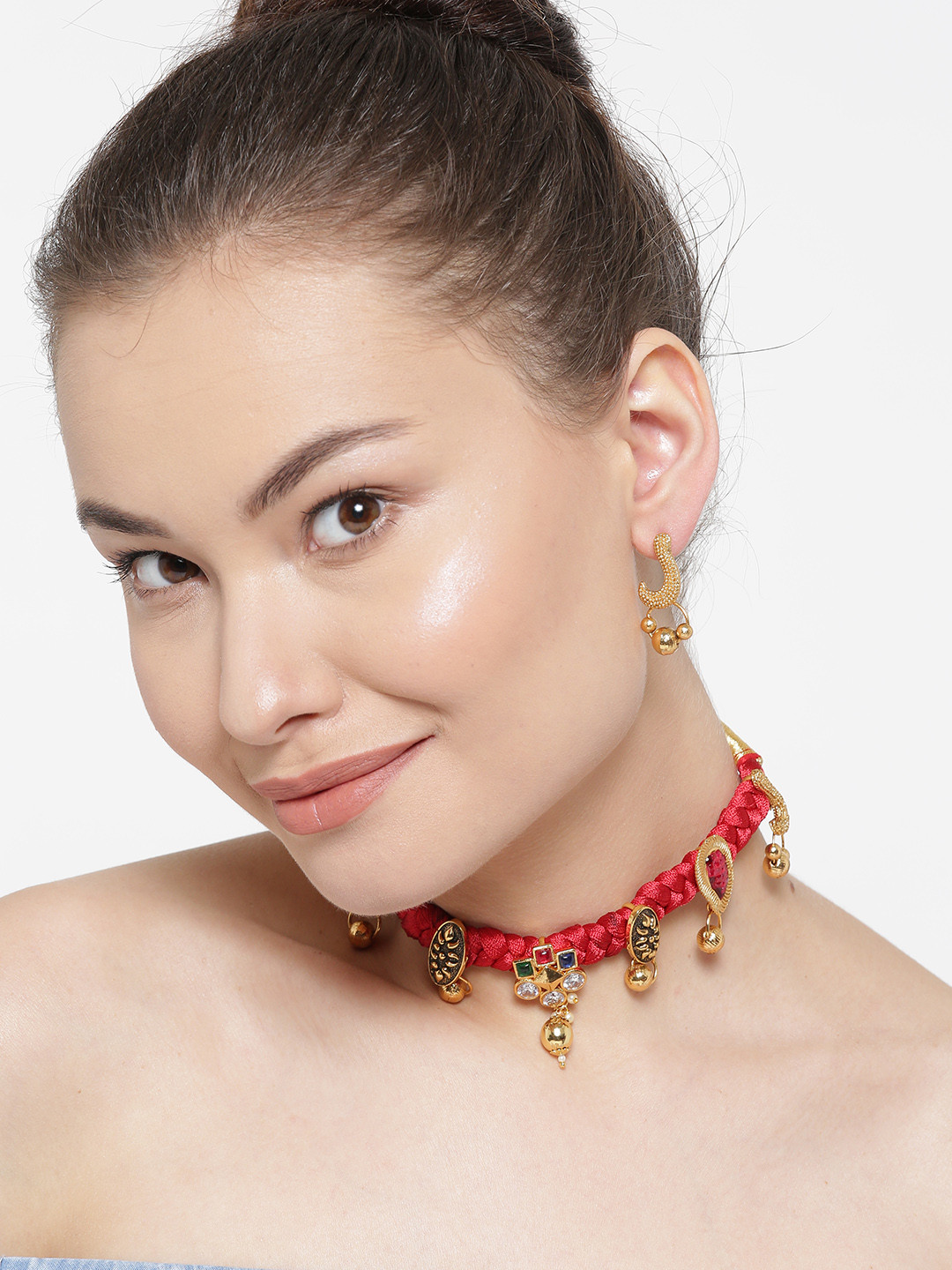 YouBella Red & Gold-Toned Stone-Studded Braided Jewellery Set