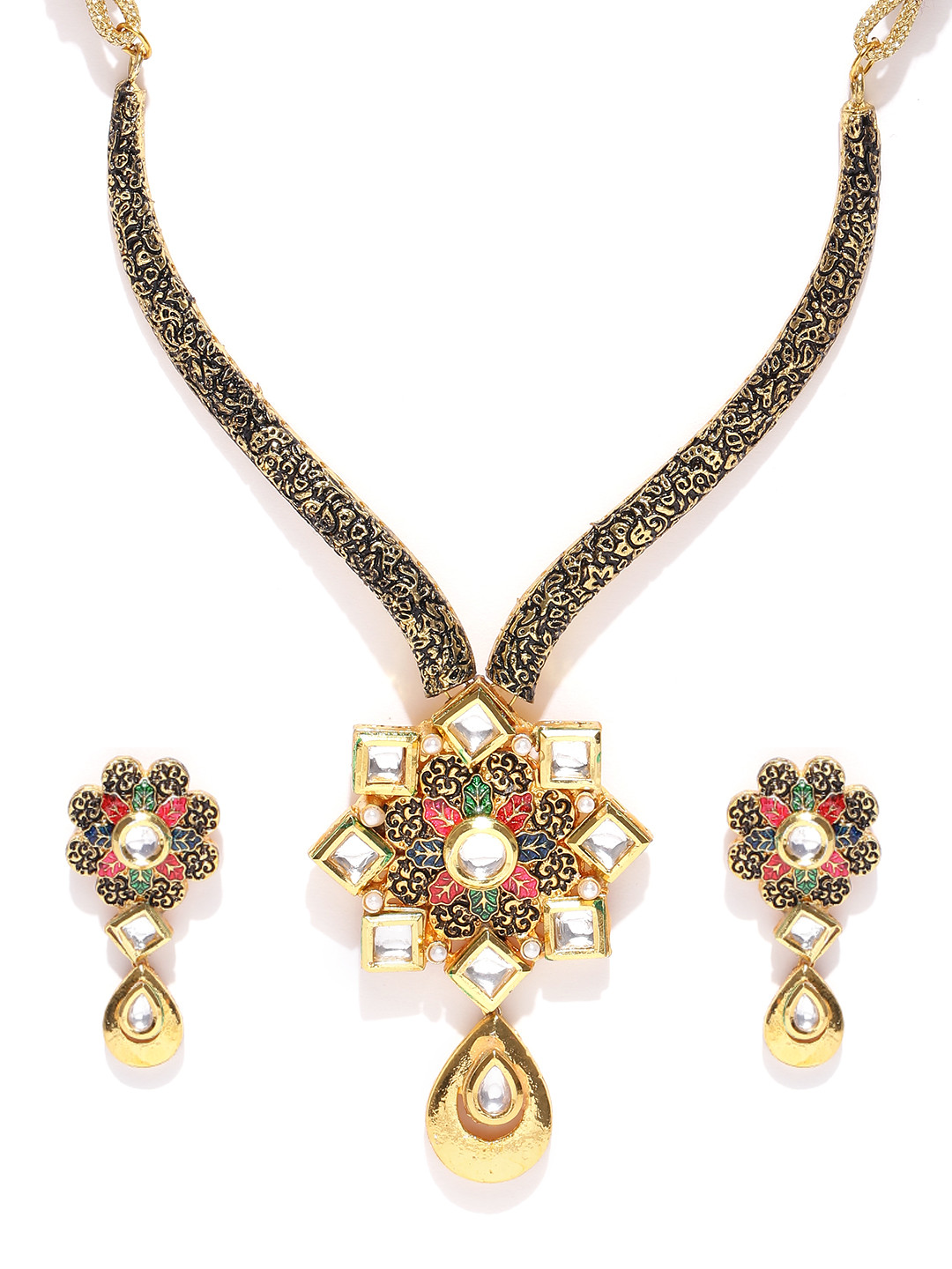 YouBella Gold-Toned & Black Stone-Studded Textured Jewellery Set