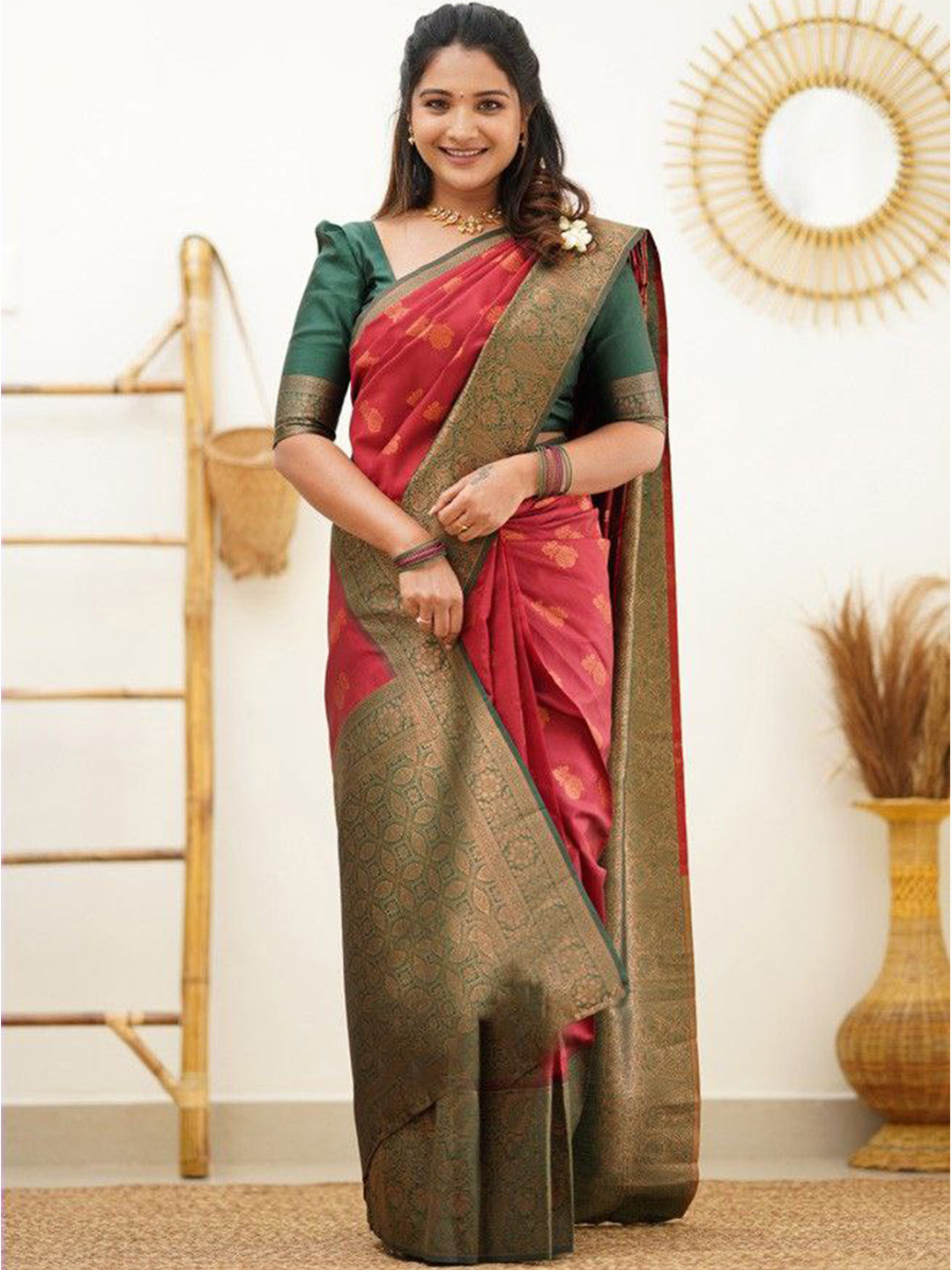 Anjaneya Sarees Foral Motif Woven Design Zari Banarasi Saree