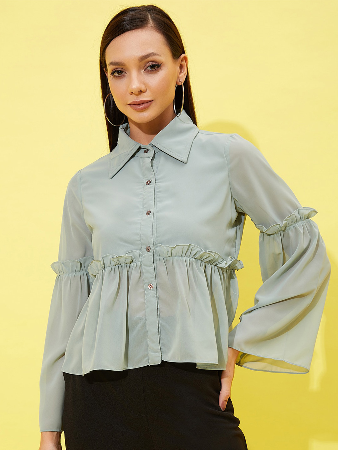 Athena Bell Sleeves Ruffled Shirt Style Top