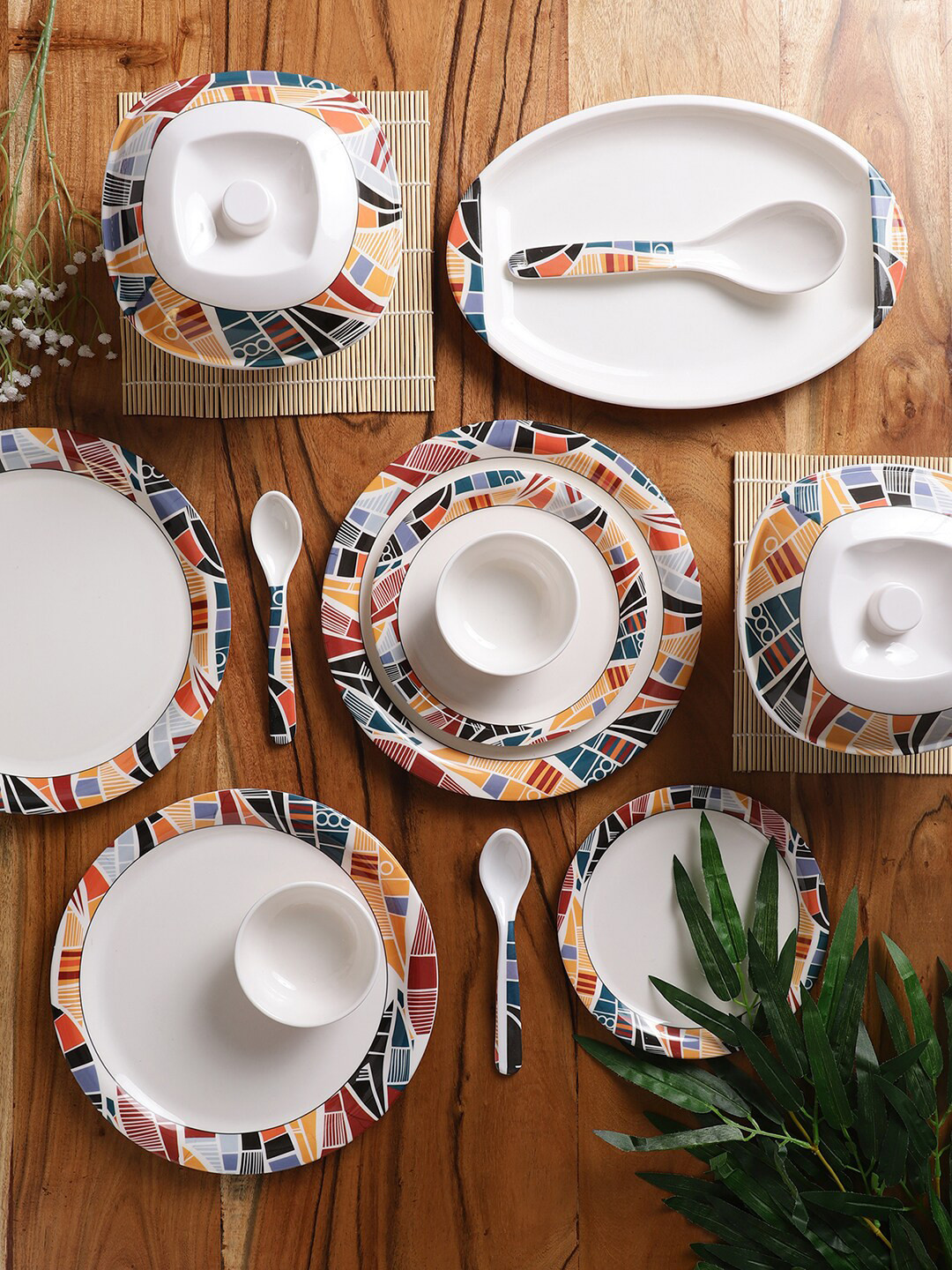CDI White Geometric Melamine Dishwasher and Microwave Safe 40 Piece Dinner Set
