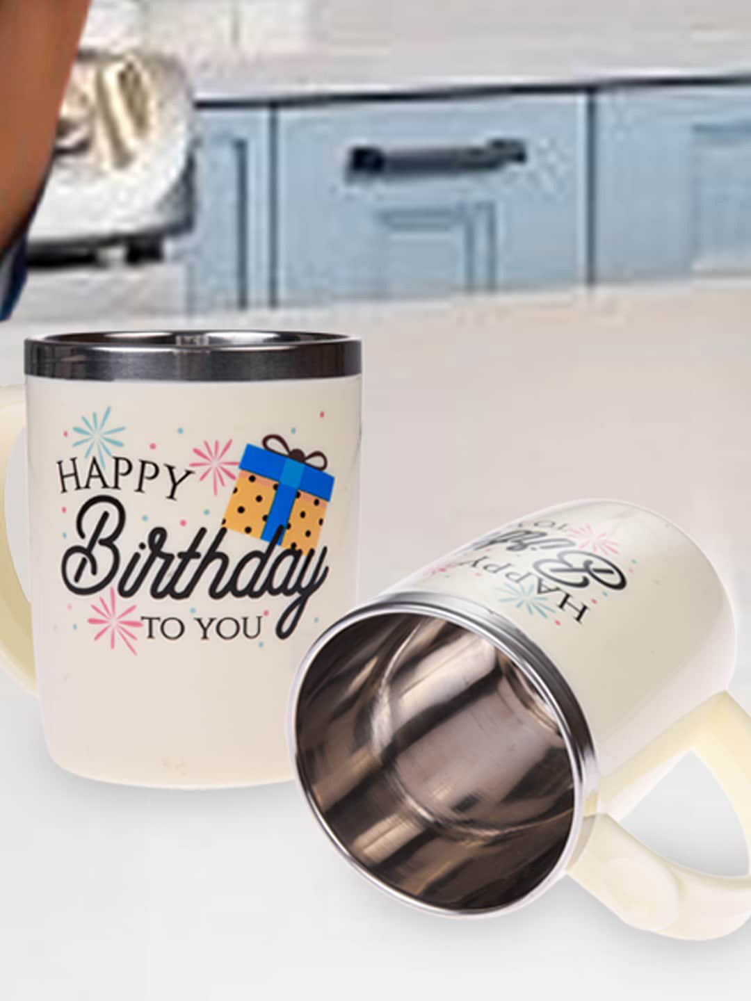 Kuber Industries 2 Piece Cream Insulated Stainless Steel Dishwasher Safe Coffee Mugs-400ml