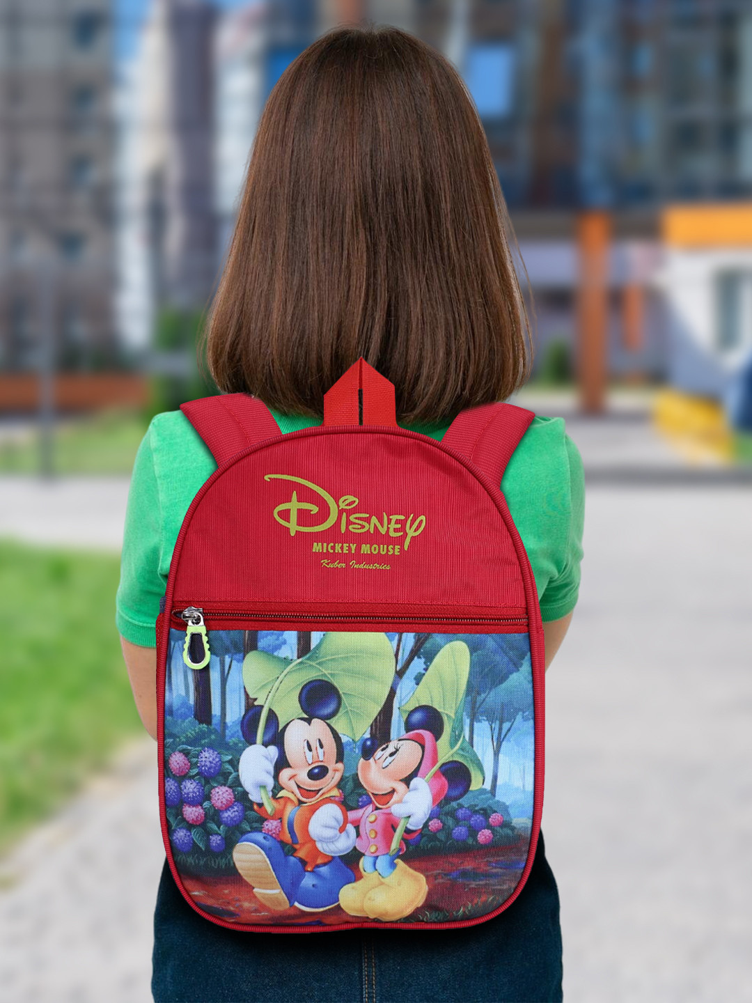 Kuber Industries Disney Mickey & Minnie 2 Compartment Rexine School Bag with Zipper  Red