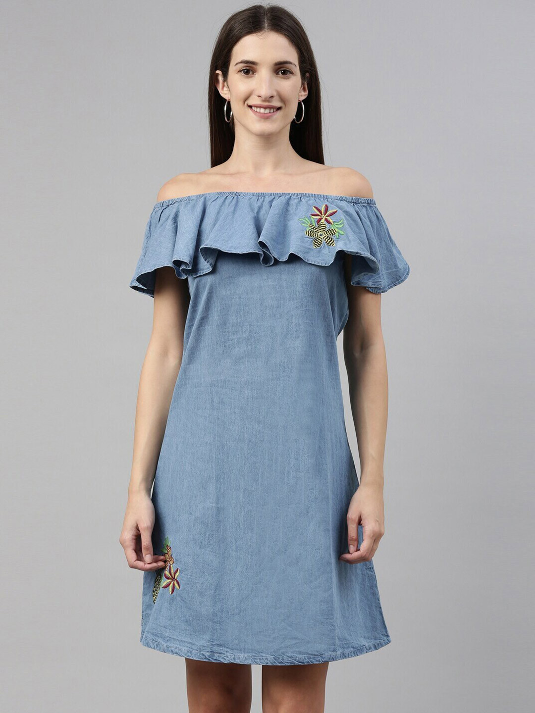 Enviously Young Off-Shoulder Denim A-Line Dress