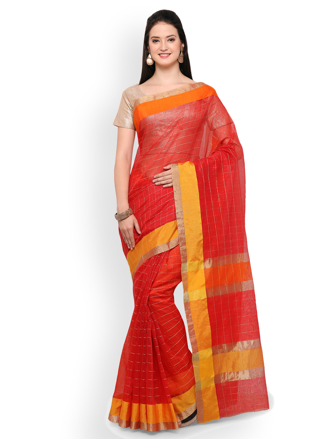 Saree mall Red Silk Blend Checked Chanderi Saree