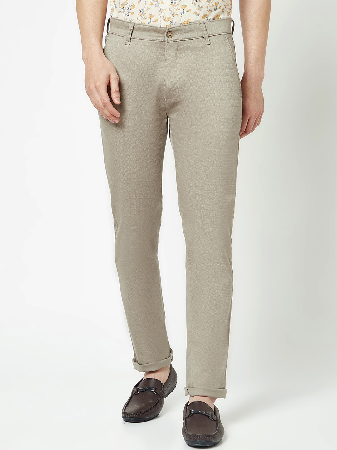 Crimsoune Club Men Textured Flat-Front Urban Slim Fit Chinos Trousers