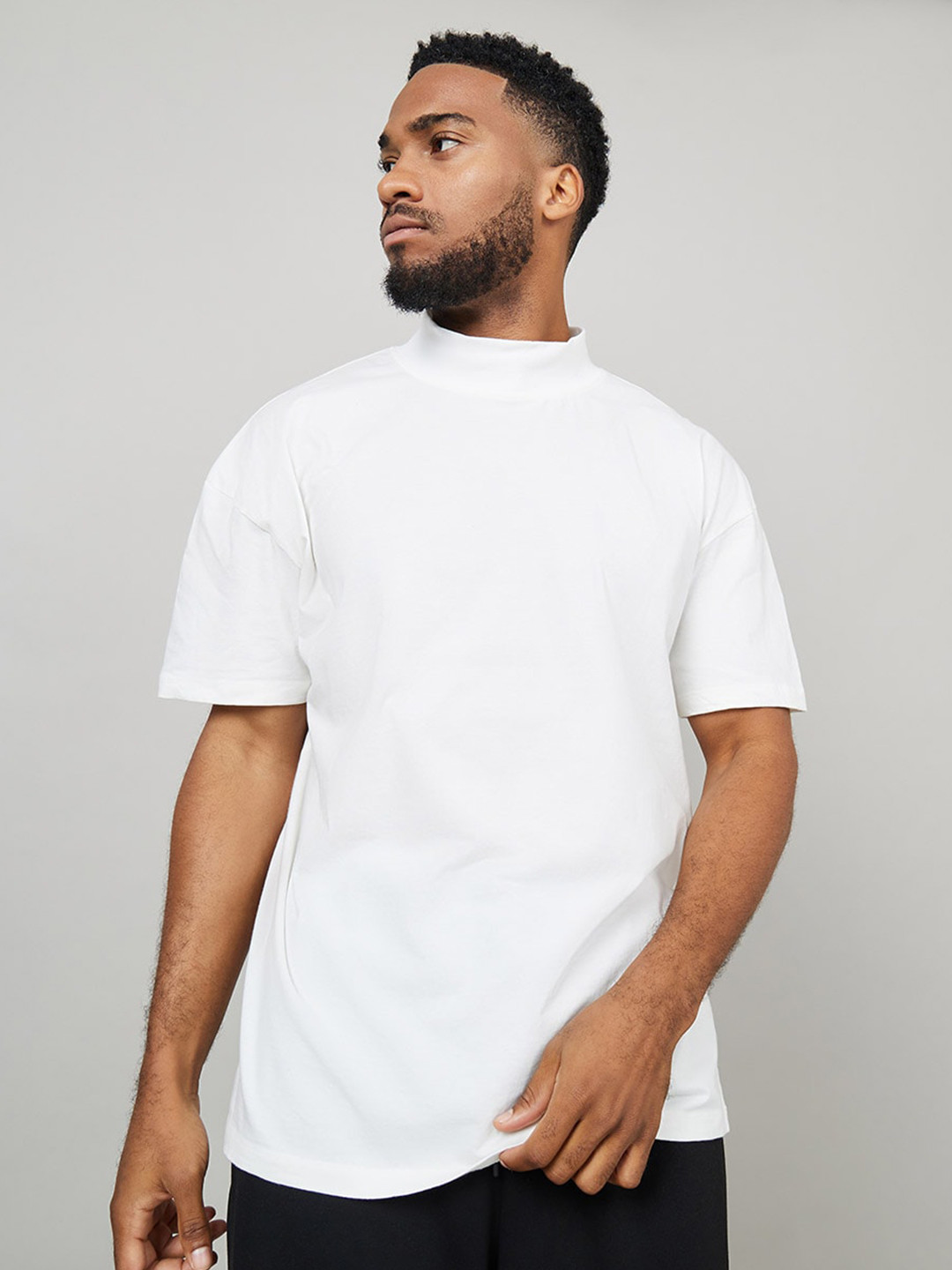 Styli White High Neck Oversized Cotton T-shirt